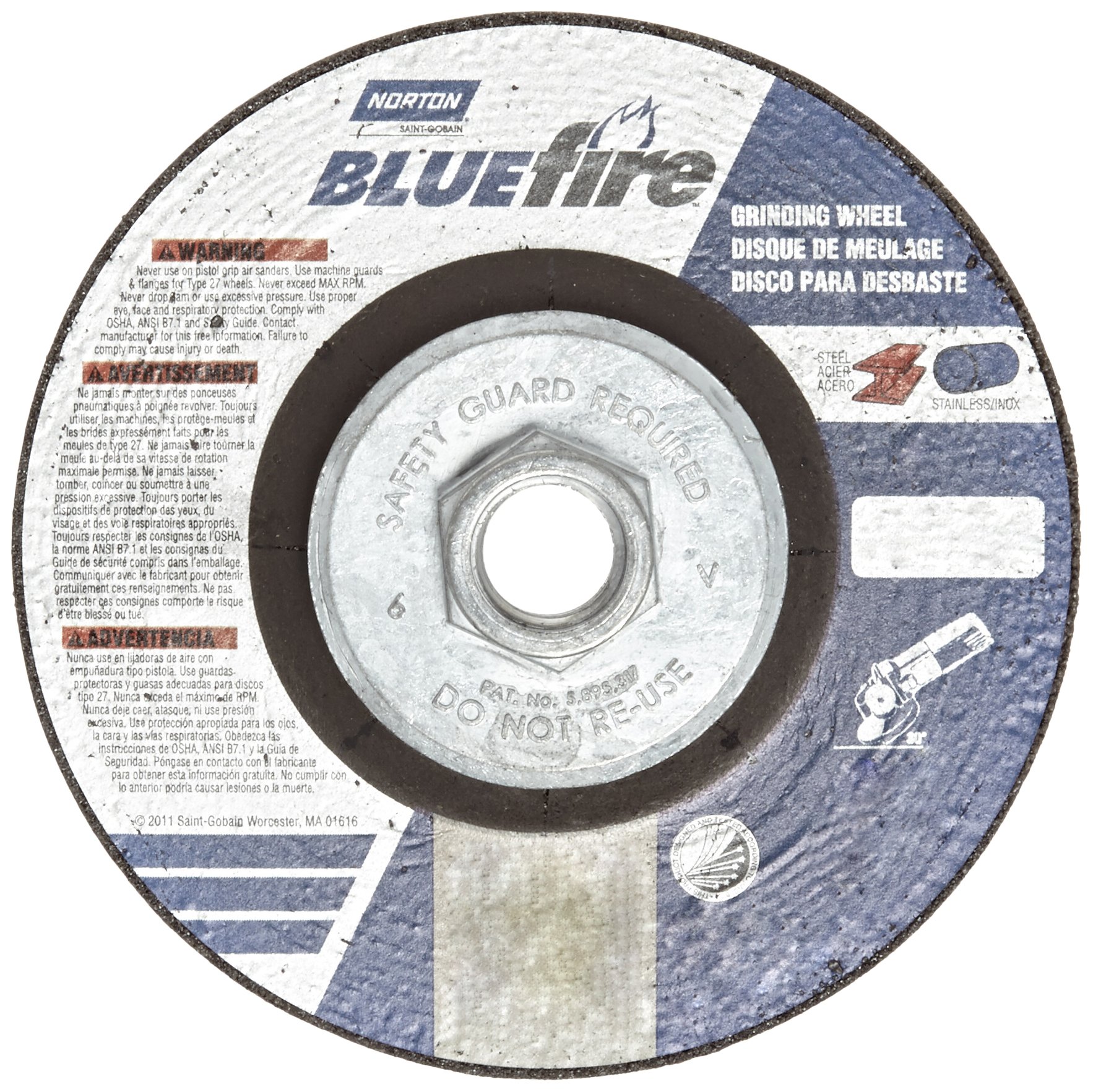 Norton Blue Fire Plus Depressed Center Abrasive Wheel, Type 27, Zirconia Alumina and Aluminum Oxide, 5/8