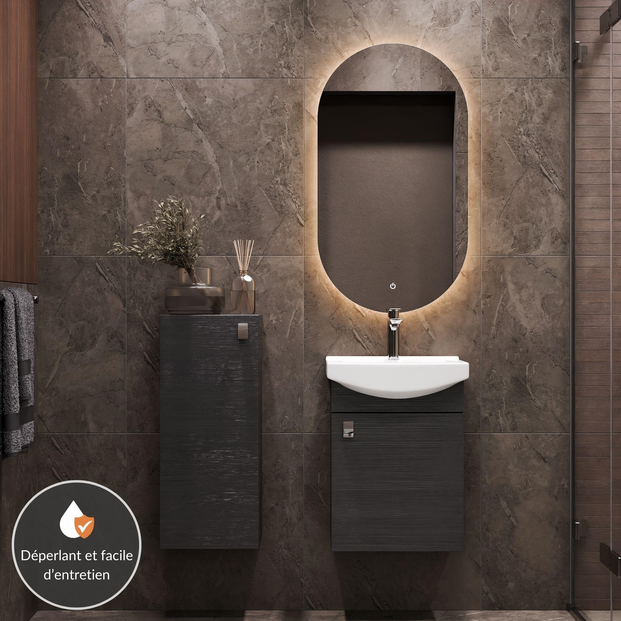 Planetmöbel Ensemble de Meubles de Salle de Bains Lavabo avec Meuble Bas 45 x 60 x 33 cm, Miroir avec éclairage 50 x 90 cm & Armoire Centrale pour Salle de Bains et WC invités, Anthracite