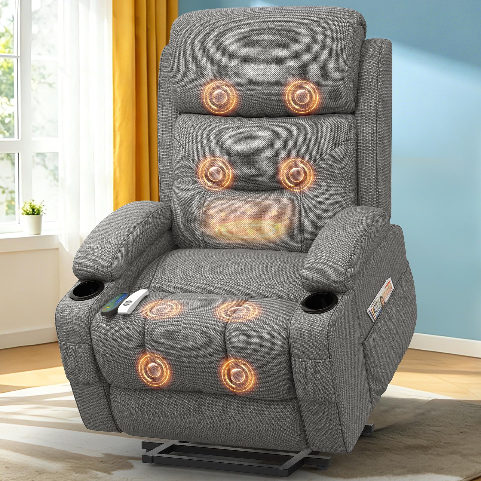 Srfzluxy Fernsehsessel Massagesessel mit Liegefunktion, Relaxsessel mit Wärme und Massage, 360°Drehbarer TV Sessel Wohnzimmer, Schaukelstuhl mit Gepolsterte Kopfstütze, 2 Seitentaschen