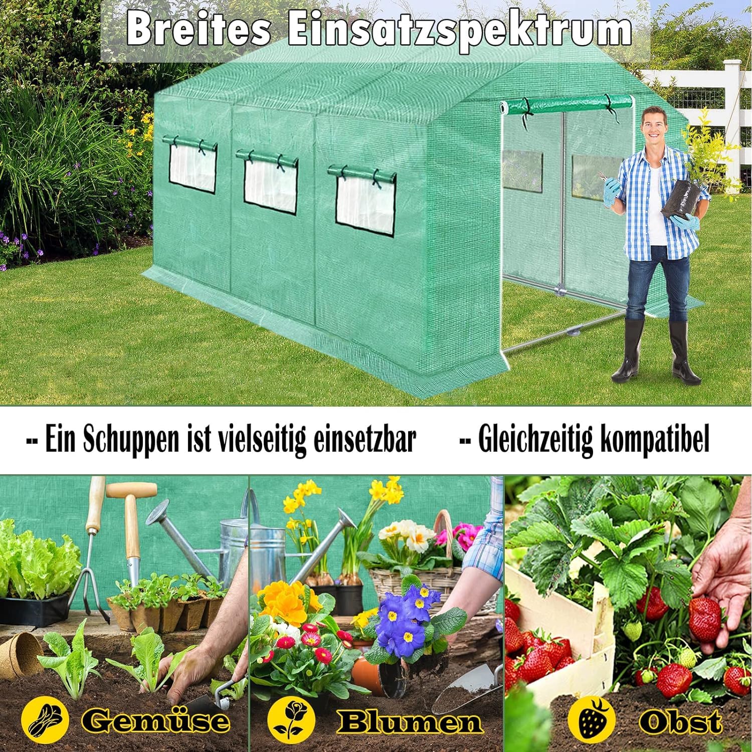 FIVMEN Szklarnia foliowa, 3 x 2 x 2 m, szklarnia ogrodowa z pilotem i drzwiami, szklarnia na pomidory, do ogrodu, zielona