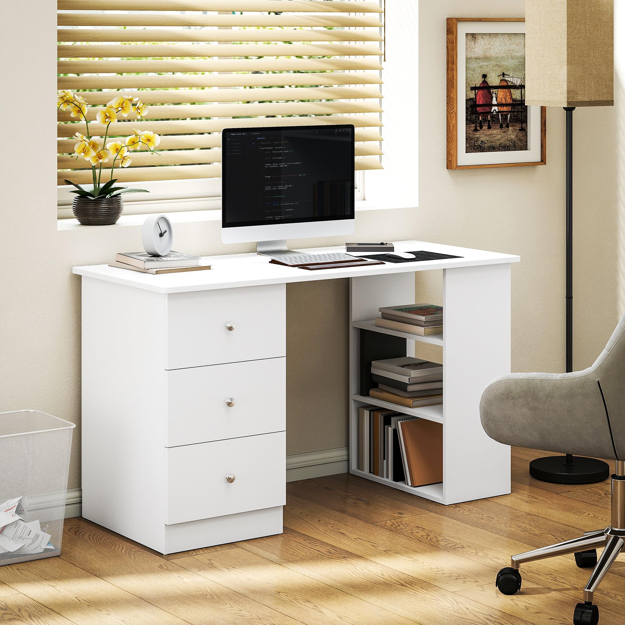 HOMCOM Scrivania Porta PC per Camera con Cassettiera 120x49x72cm Bianco | per Ufficio, Ripiani Portaoggetti, in Legno
