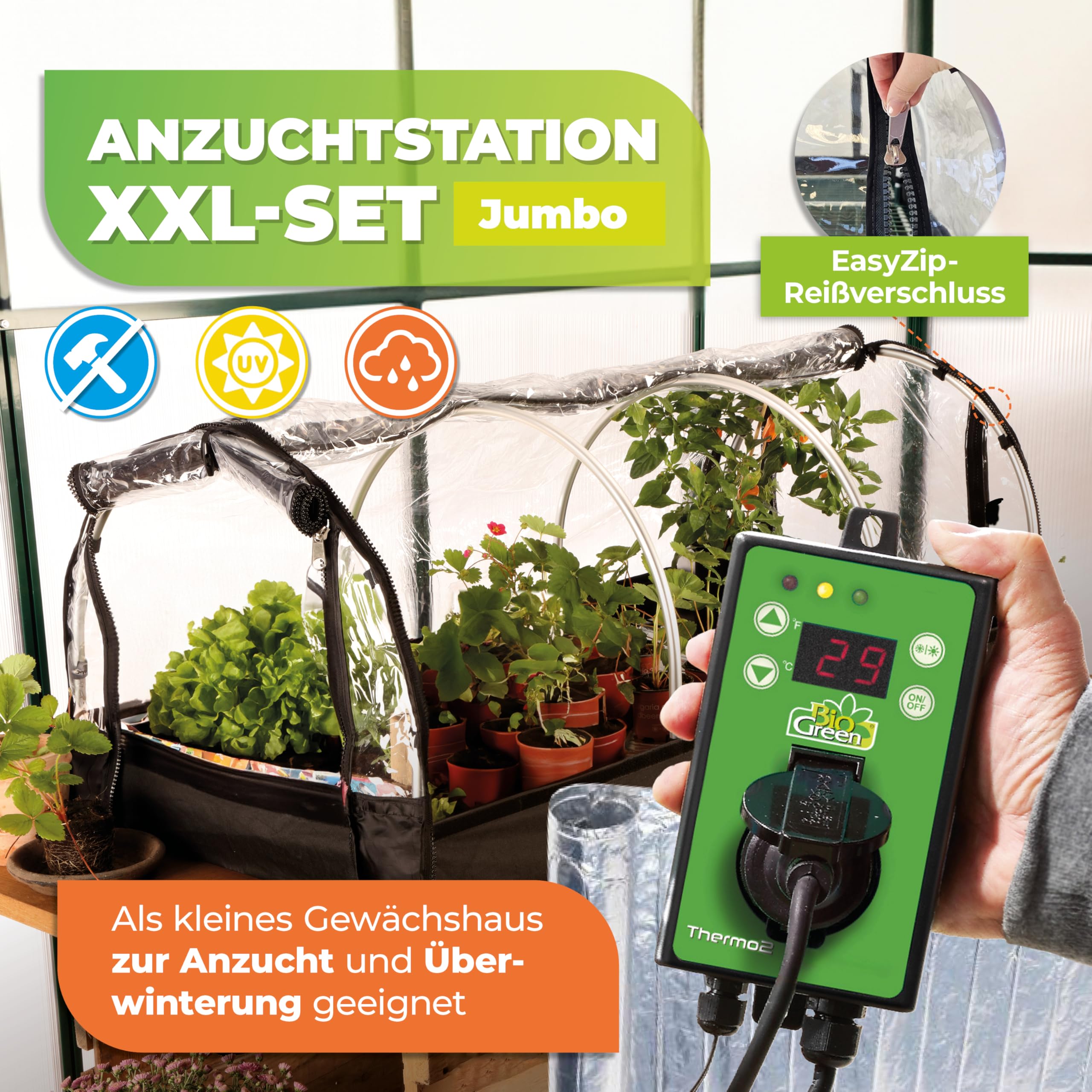 Bio Green XXL Zimmergewächshaus Jumbo | Set inkl. Heizmatte & Digitalthermostat | Robustes Aluminium-Rahmengestell | Anzuchtkasten L 130 x B 60 x H 50 cm