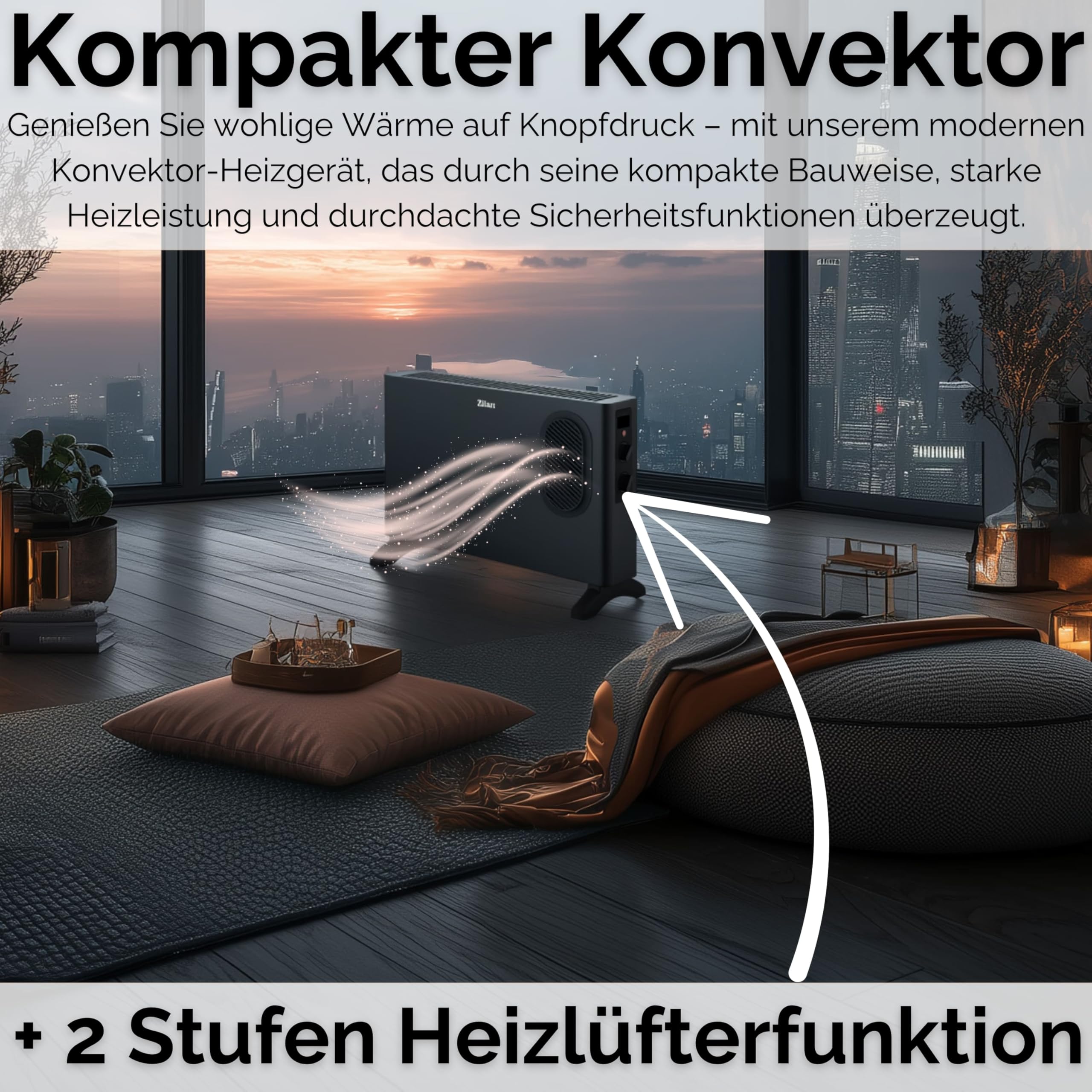 Grzejnik konwektorowy elektryczny z termowentylatorem – ogrzewanie elektryczne z dmuchawą – oddzielnie dołączany termowentylator – energooszczędny cichy – ogrzewanie elektryczne 2000 W – grzejnik