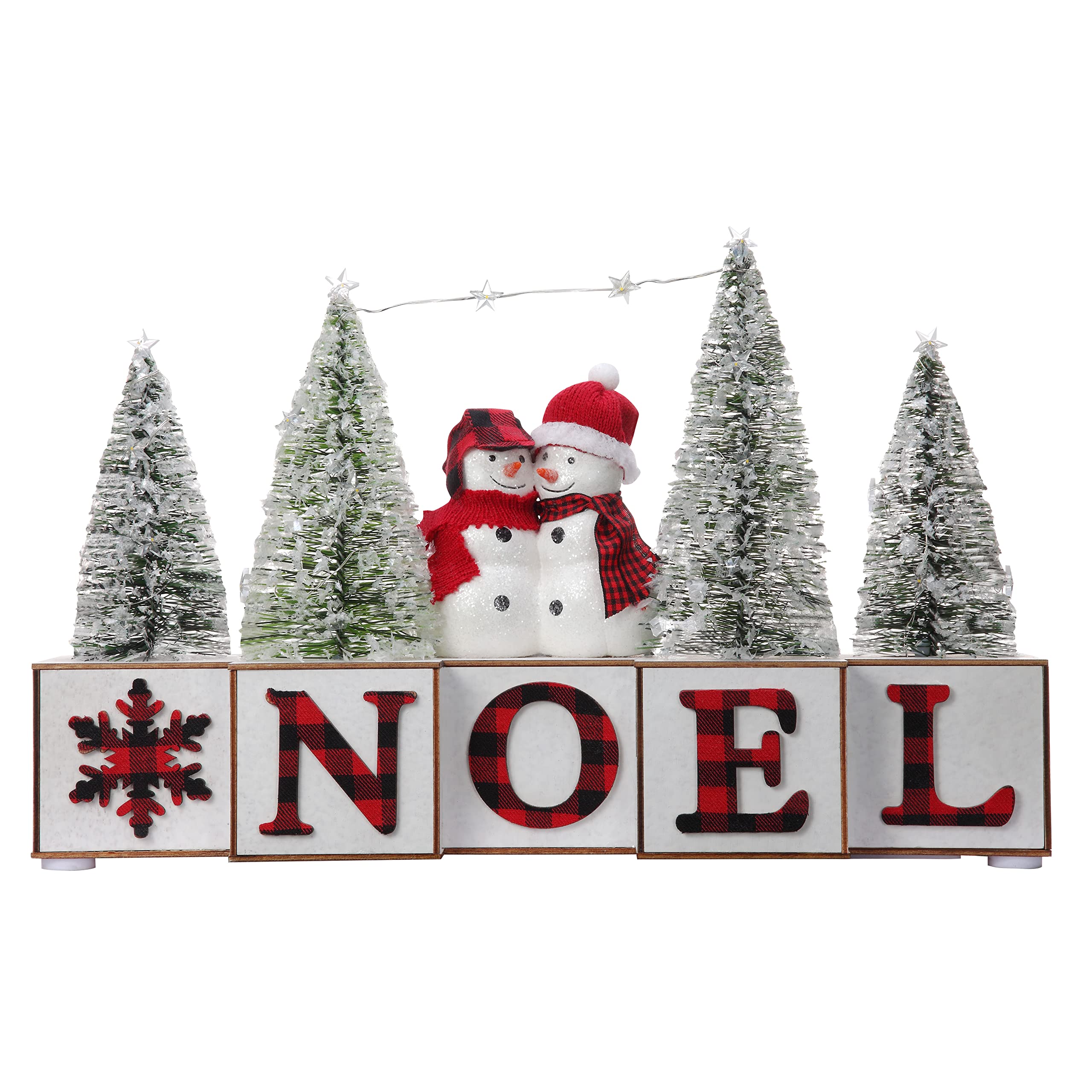 Haute Decor Christmas Wood Blocks Noel with Snowmen Couple, LED Lighted Trees, Battery Operated Automatic Timer - Prelit Christmas Holiday Decoration for Table, Shelving, Counter, Mantel