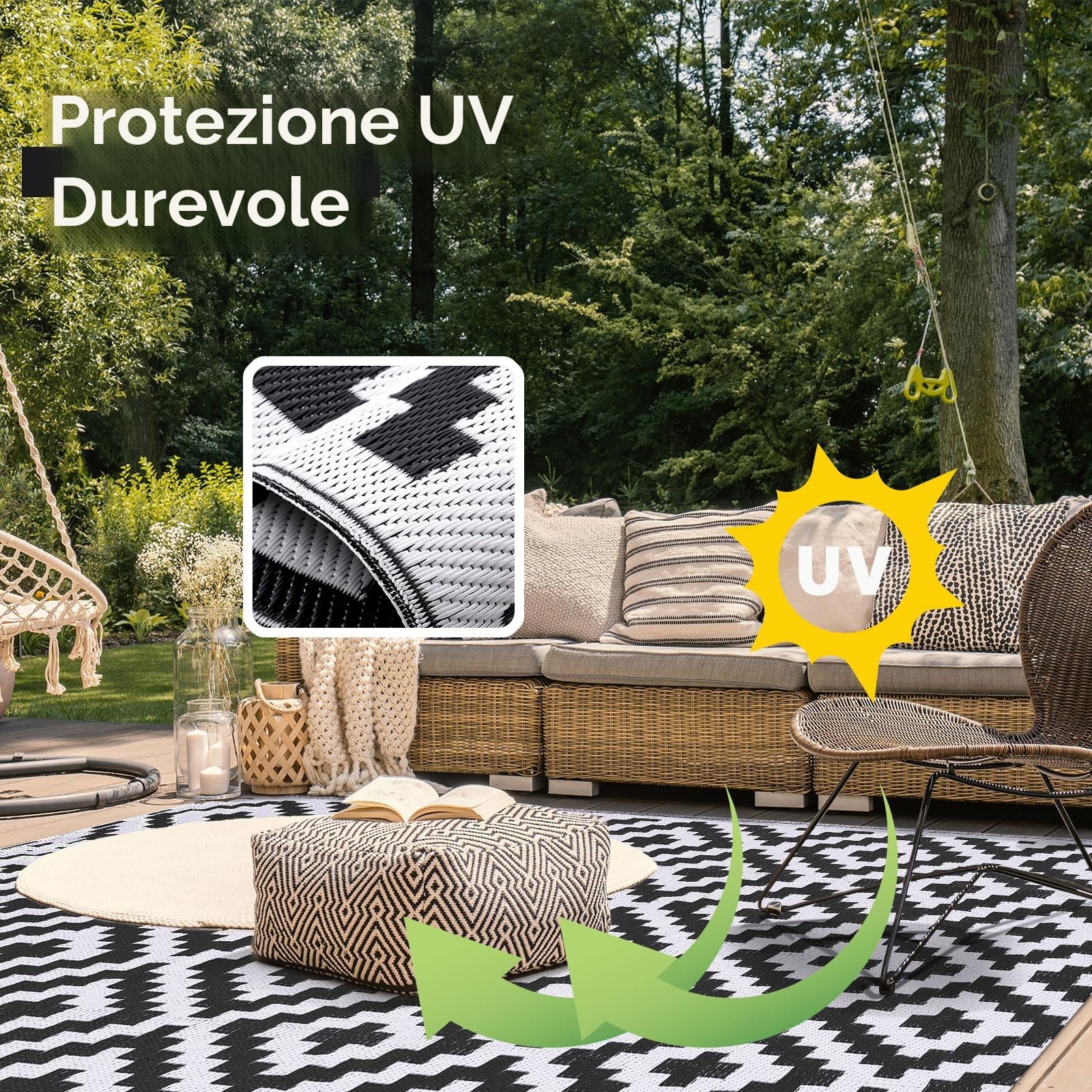 Homaxy Tappeto per esterni, resistente alle intemperie e raggi UV, lavabile, per balcone, giardino, terrazza, campeggio e picnic, 150 x 240 cm, nero e bianco