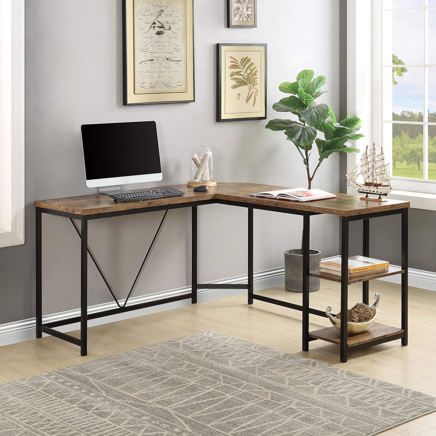 Merax LShaped Office Desk Brown Home Office Desks Large