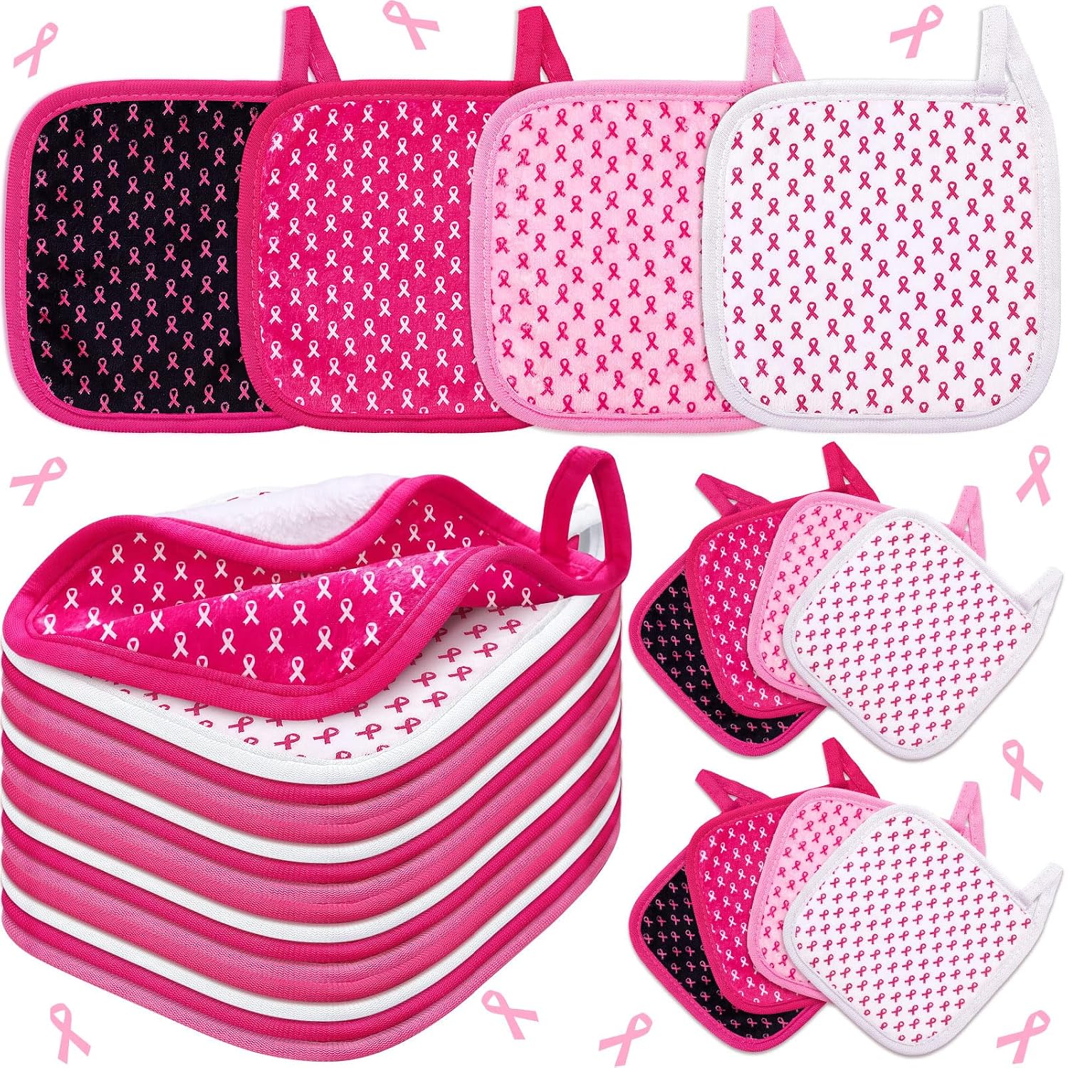 Frienda 24 Pcs Breast Cancer Awareness Ribbon Pattern Makeup Remover Cloth 6" x 6" Towel Reusable Washable Remover Pad Microfiber Soft Washcloth Facial Cloth Makeup Towel Breast Cancer Gifts for Women