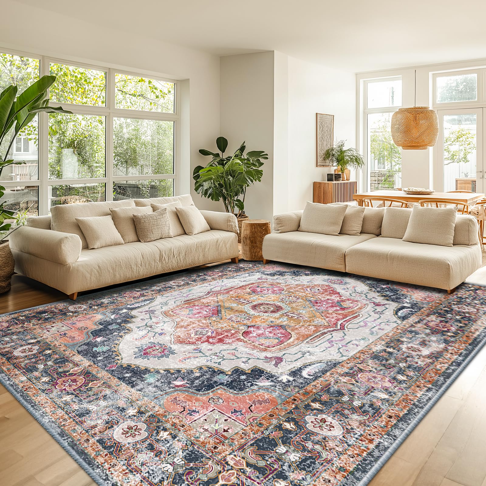 8x10 Area Rugs Machine Washable 8x10 Rug Low Pile Carpet No Shedding Area Rugs for Living Room Bedroom Dining Room Kitchen Entrance Indoor-Pink Blue