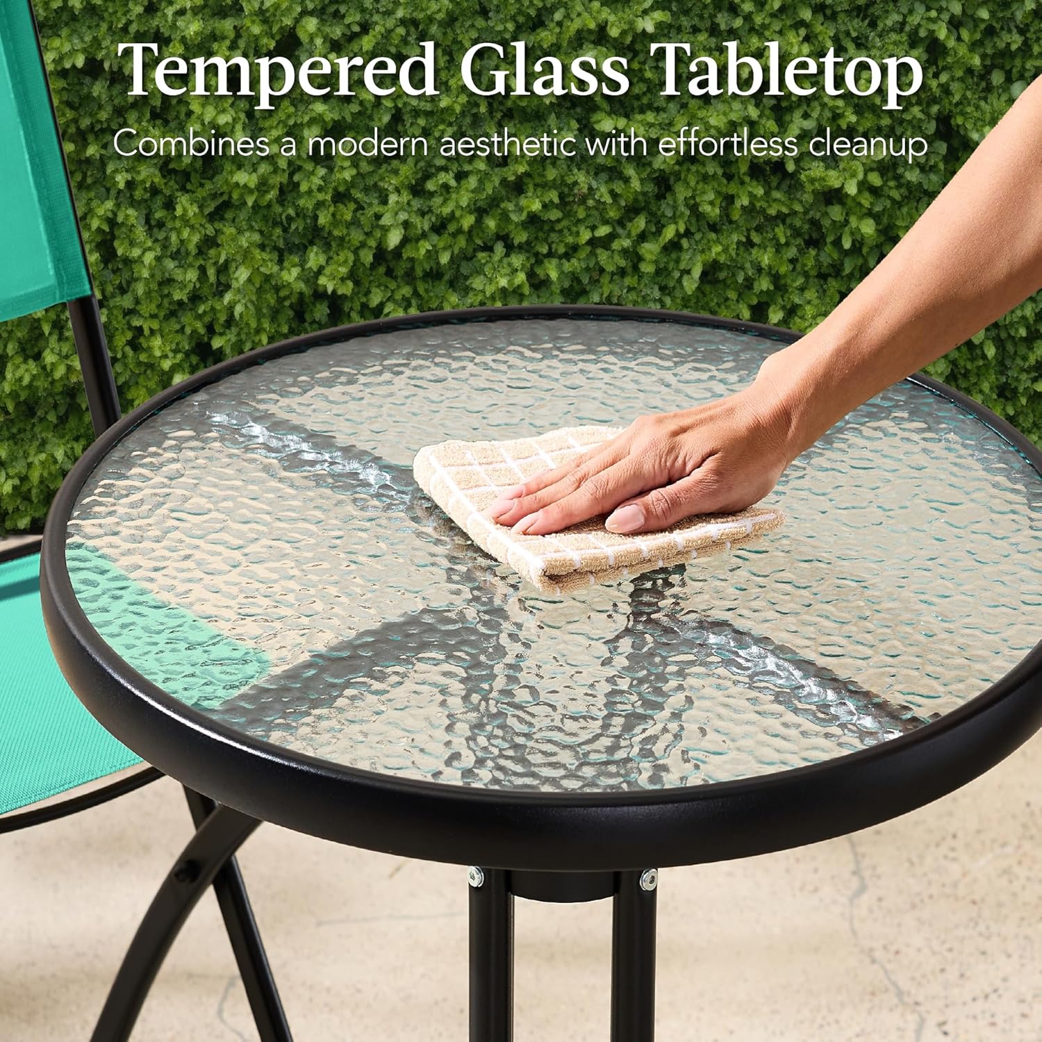 Best Choice Products 3-Piece Patio Bistro Dining Furniture Set w/Textured Glass Tabletop, 2 Steel Folding Chairs, Polyester Fabric - Mint
