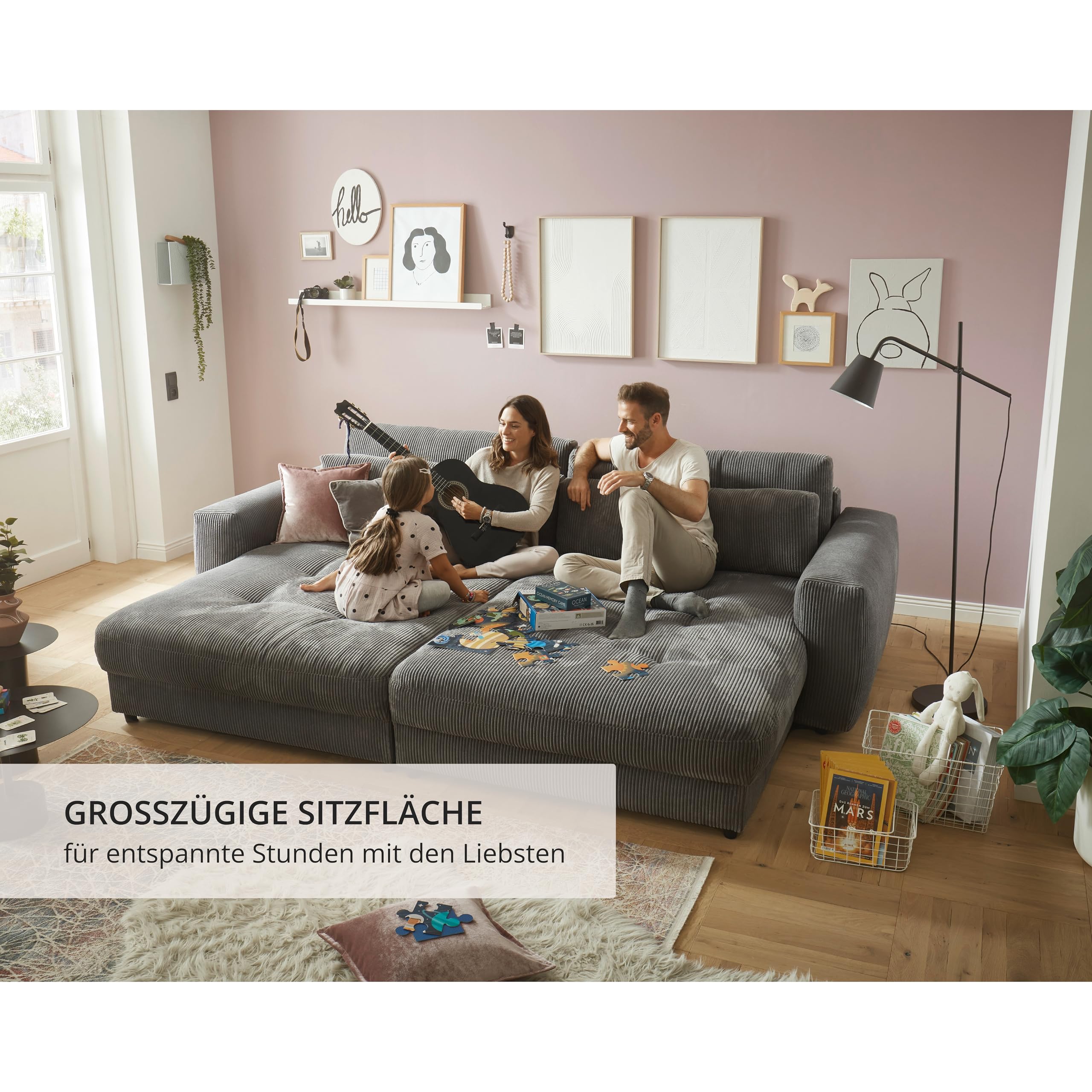 Big Sofa BARURA Cord dunkelgrau – XXL Couch mit großer Liegefläche, modernes Sofa 292x194 cm inklusive Nierenkissen
