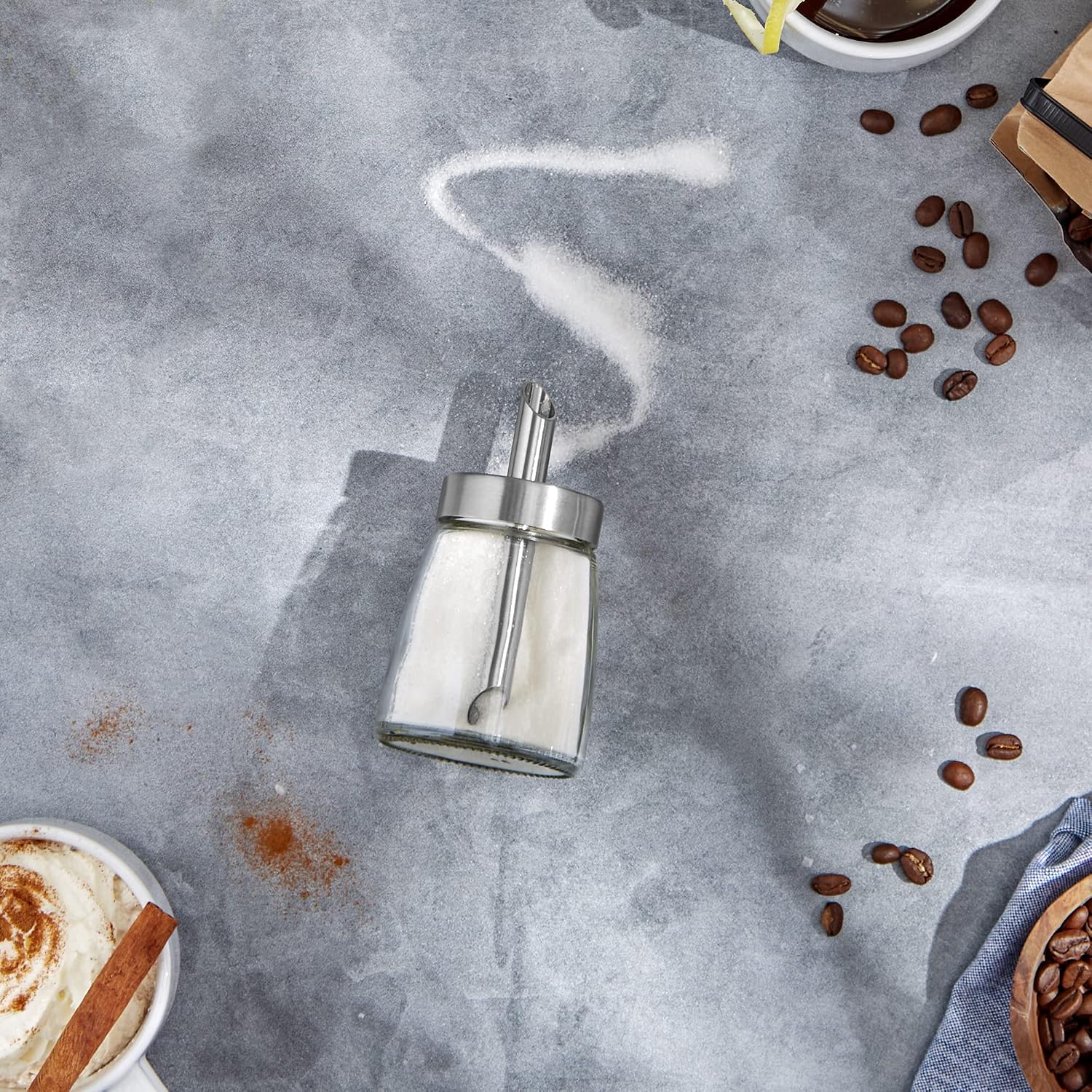 RSVP International Glass Sugar Dispenser with Pour Spout Stainless Steel Lid, Sleek Decorative Design for Countertop, Cabinet or Coffee Bar, 2.5x5.2x5"
