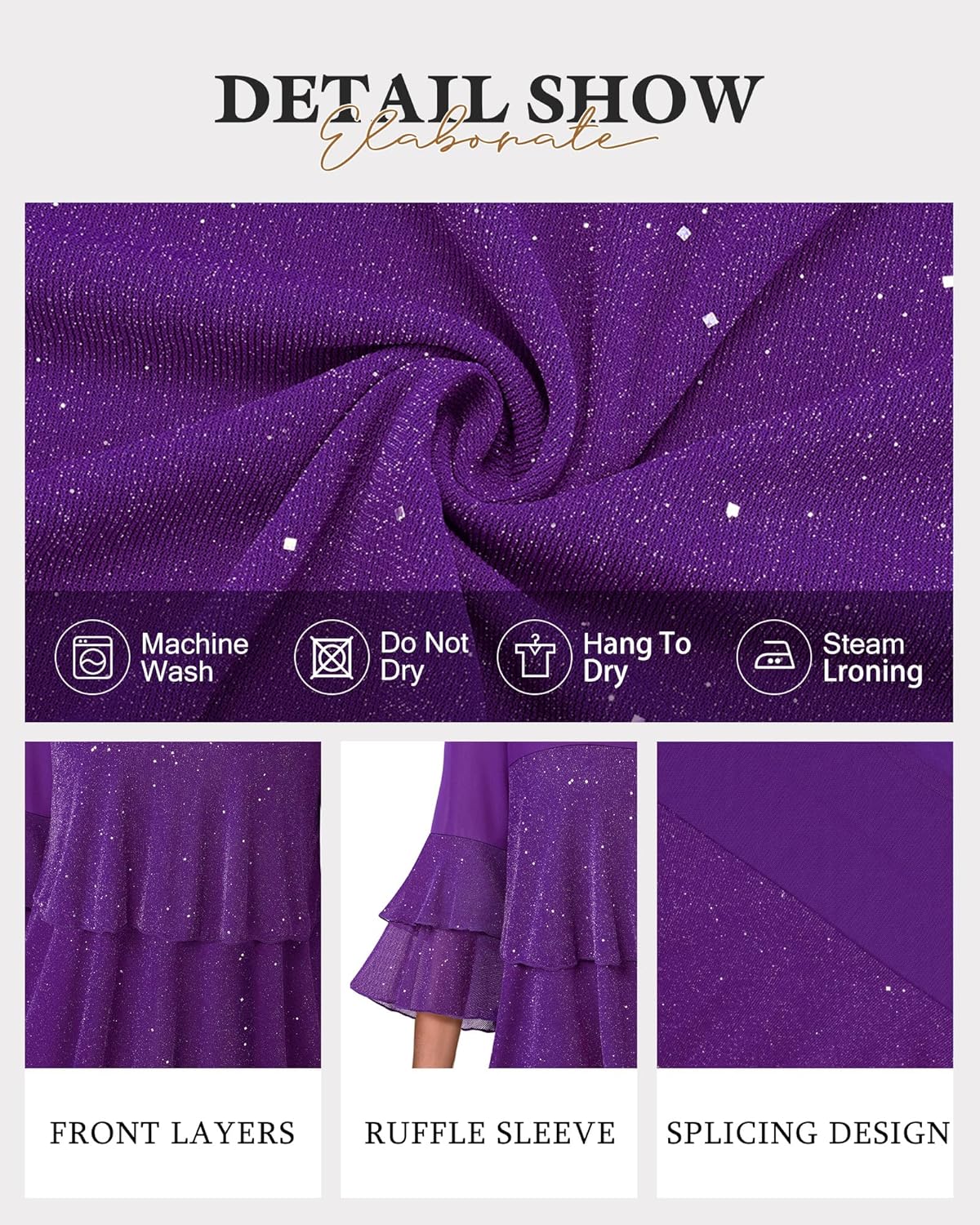 Bebonnie Womens Dressy Sparkly Peplum Tops 3/4 Sleeve Ruffles Elegant Evening Flowy Blouses - Image 5