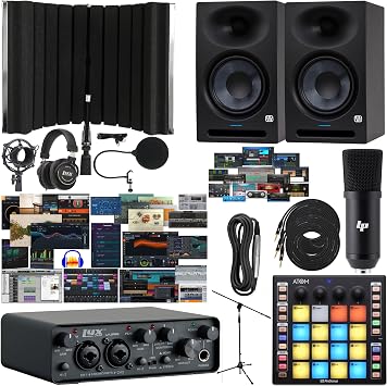 LyxPro 2x2 USB Audio Interface with Creative Software Bundle, Active Studio Monitors, MIDI Pad Controller, Recording Shield, 2-Channel
