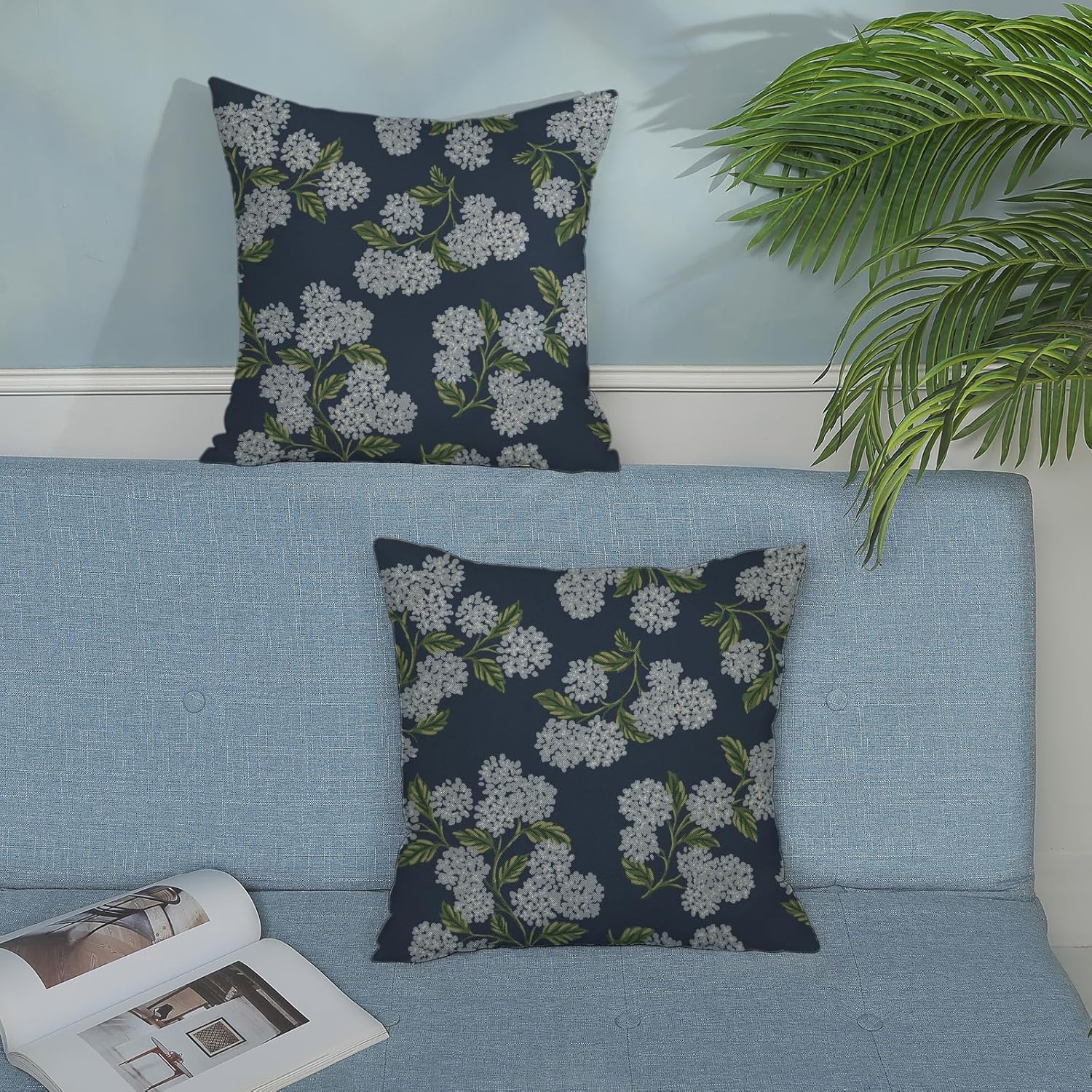 Navy Blue Spring Pillow Covers 24x24 Inch 2 Pcs Blue Green Hydrangea Flower Decor Throw Pillows Vintage Floral Seasonal Summer Outdoor Decoration Pillowcase Linen Cushion Cover for Couch Sofa