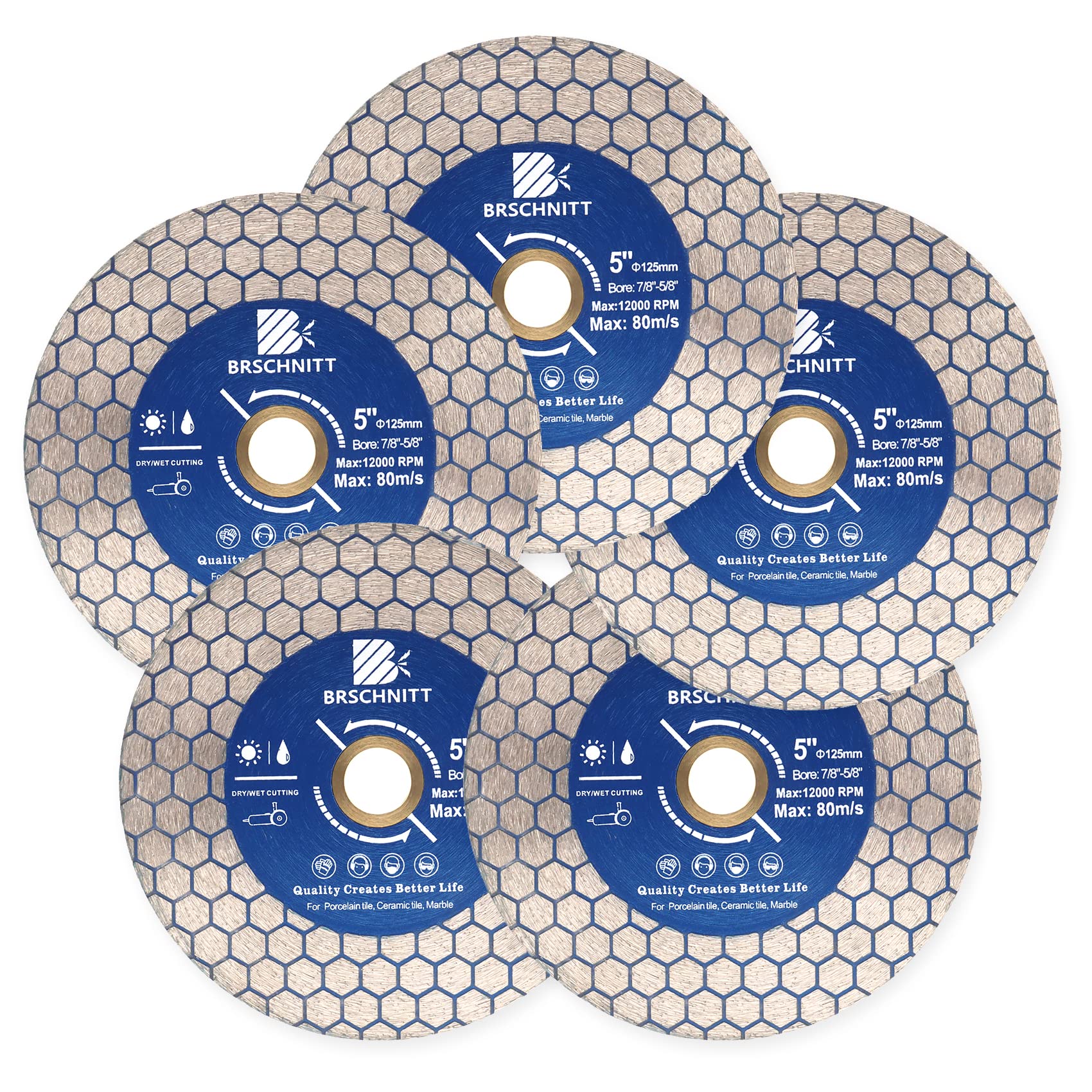 Diamond Granite Cutting Wheel 5inch - BRSCHNITT 5pcs 125mm Vacuum Brazed Angle Grinder Diamond Blade for dry and wet Cutting Grinding Porcelain,Tile,Ceramic Tile Stone,Marble,Quartz,Granite — image 1
