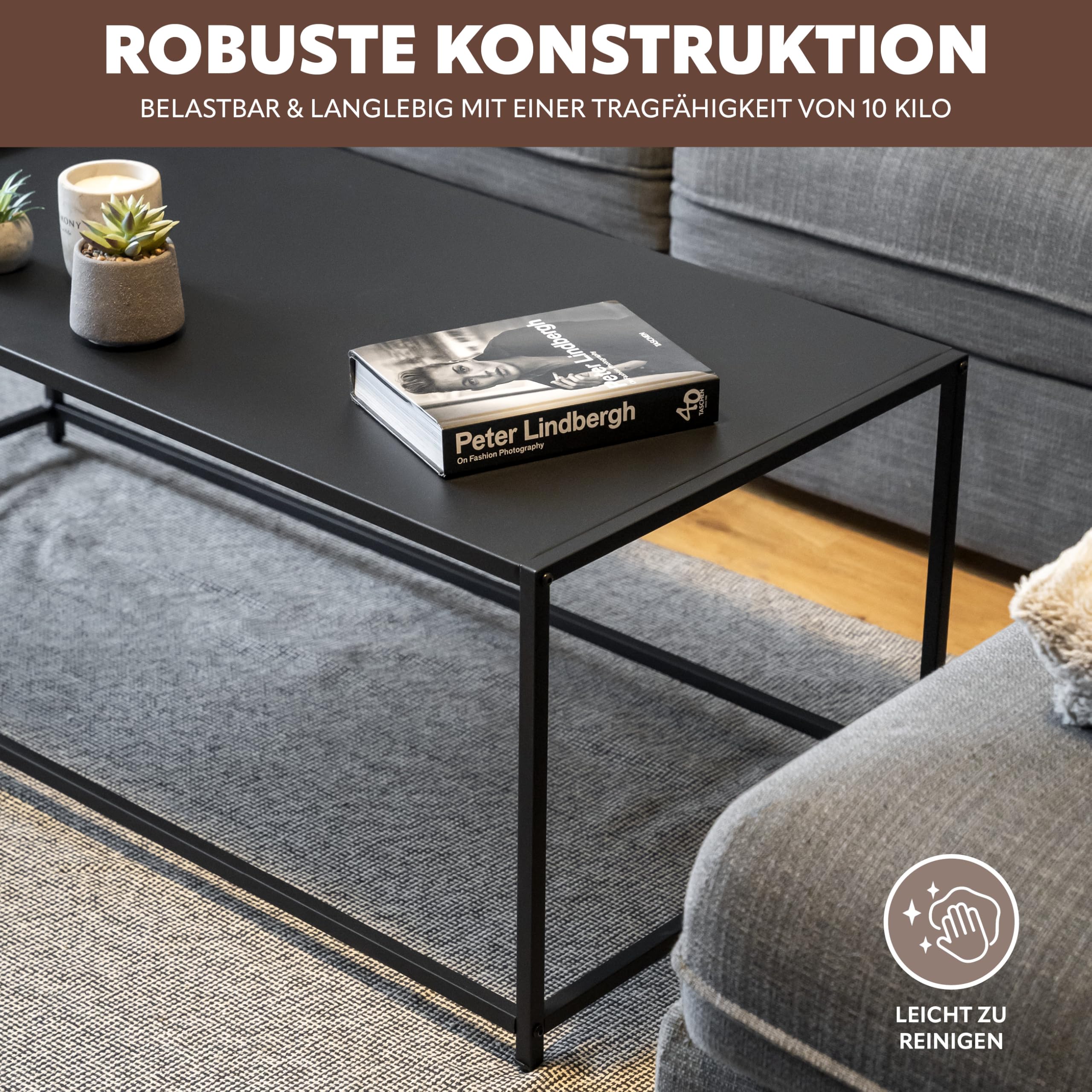 eluno Couchtisch, Wohnzimmertisch, Beistelltisch im modernen Industrie-Design - für viele Wohnbereiche geeignet, Pflegeleichte und Kratzfeste Oberfläche, aus schwarzem Metall 110 x 41 x 50 cm