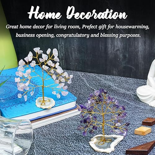 Miniatura 3 de Árbol de la vida con piedras preciosas de amatista y cuarzo rosa, base de rodajas de ágata geoda, árbol de chakras de cristal para energía positiva,