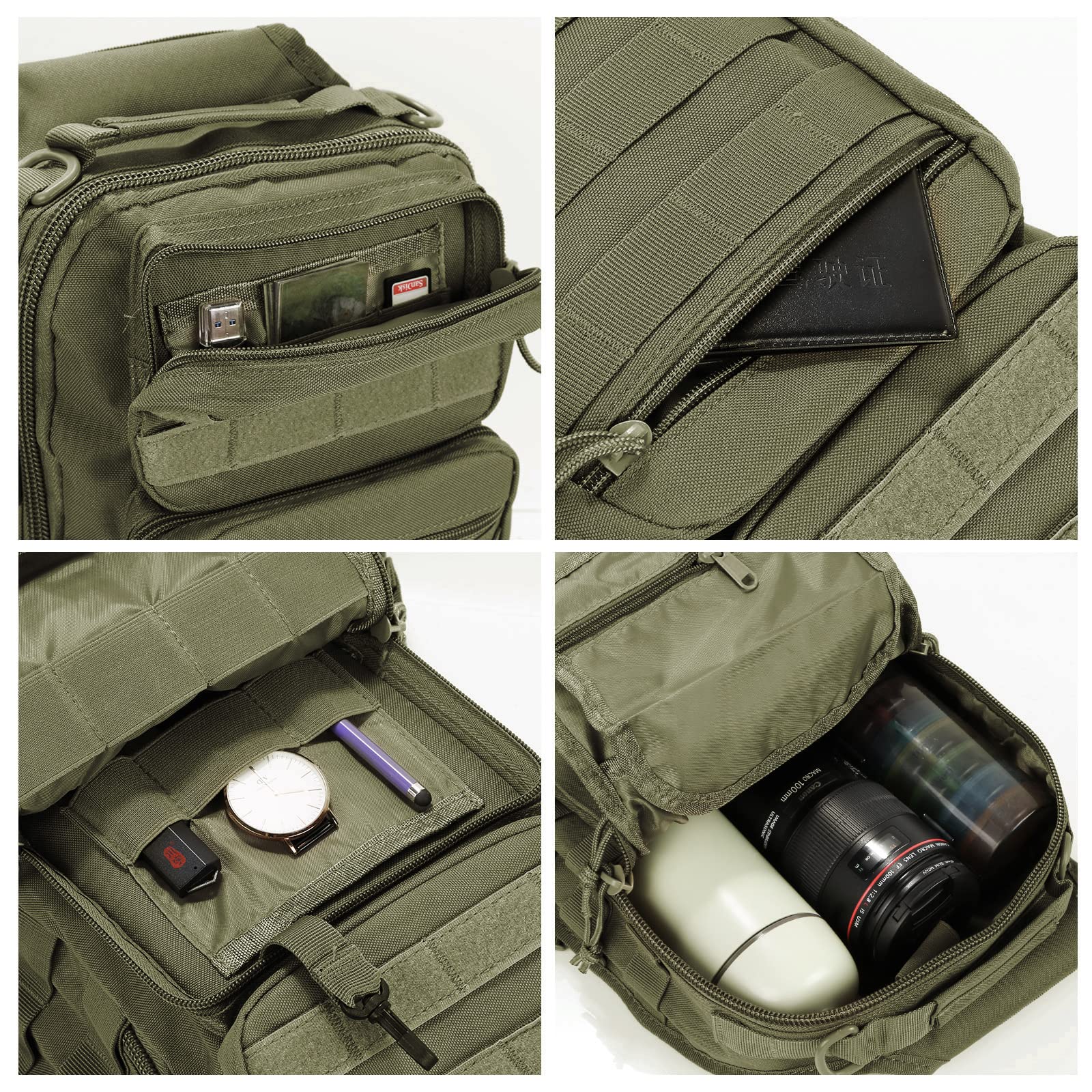 Paquete de 3 riñoneras y riñonera Molle y soporte para botella de agua, color verde