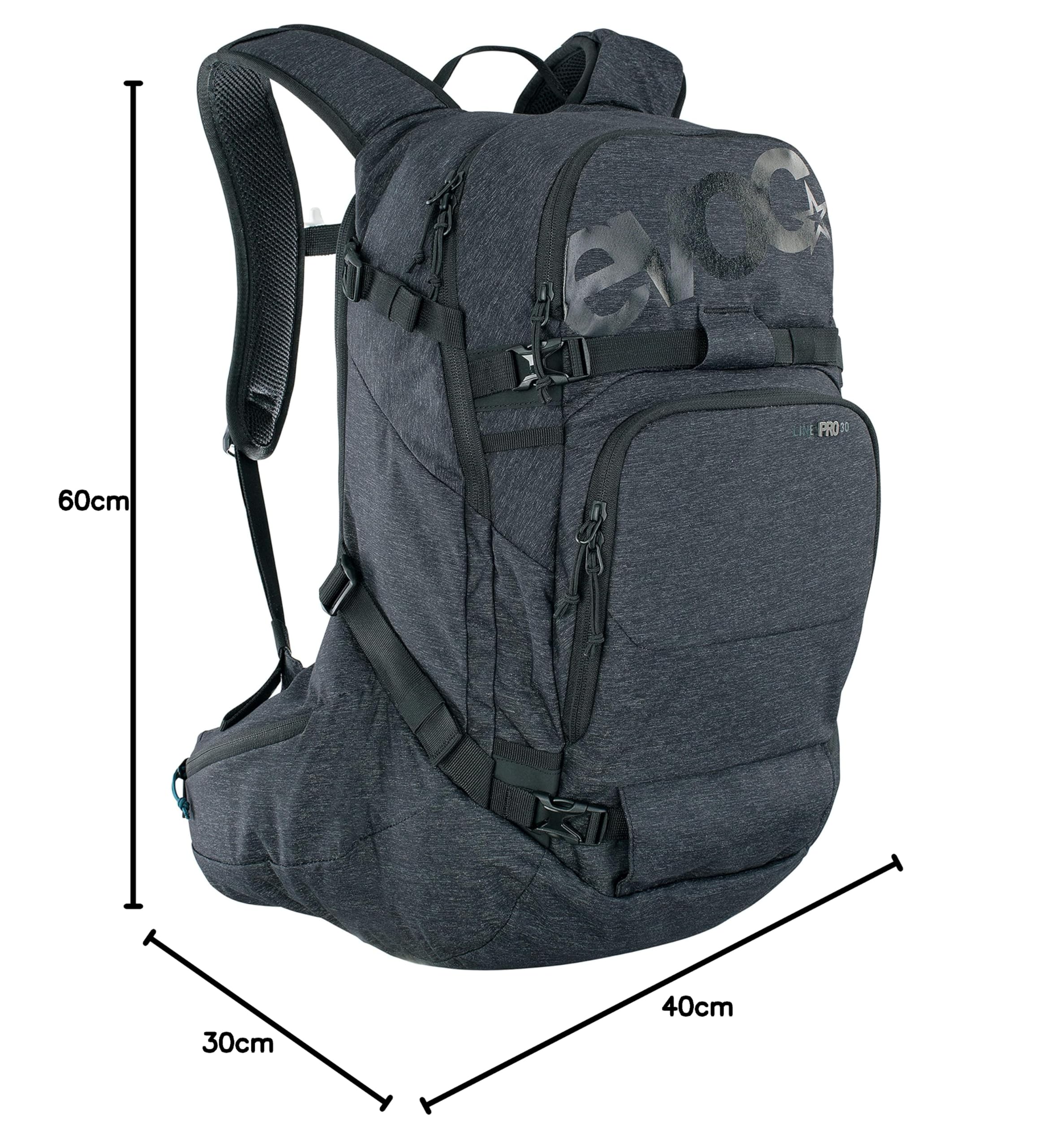 EVOC LINE PRO 30 Touren-Rucksack (LITESHIELD PLUS Protection, Boddy Hugging, Ski-Halterung, Snowboard-Halterung, Trinkflaschenfach, isolierter Schultergurt, Quick Back Access, Lawinenfach), Schwarz