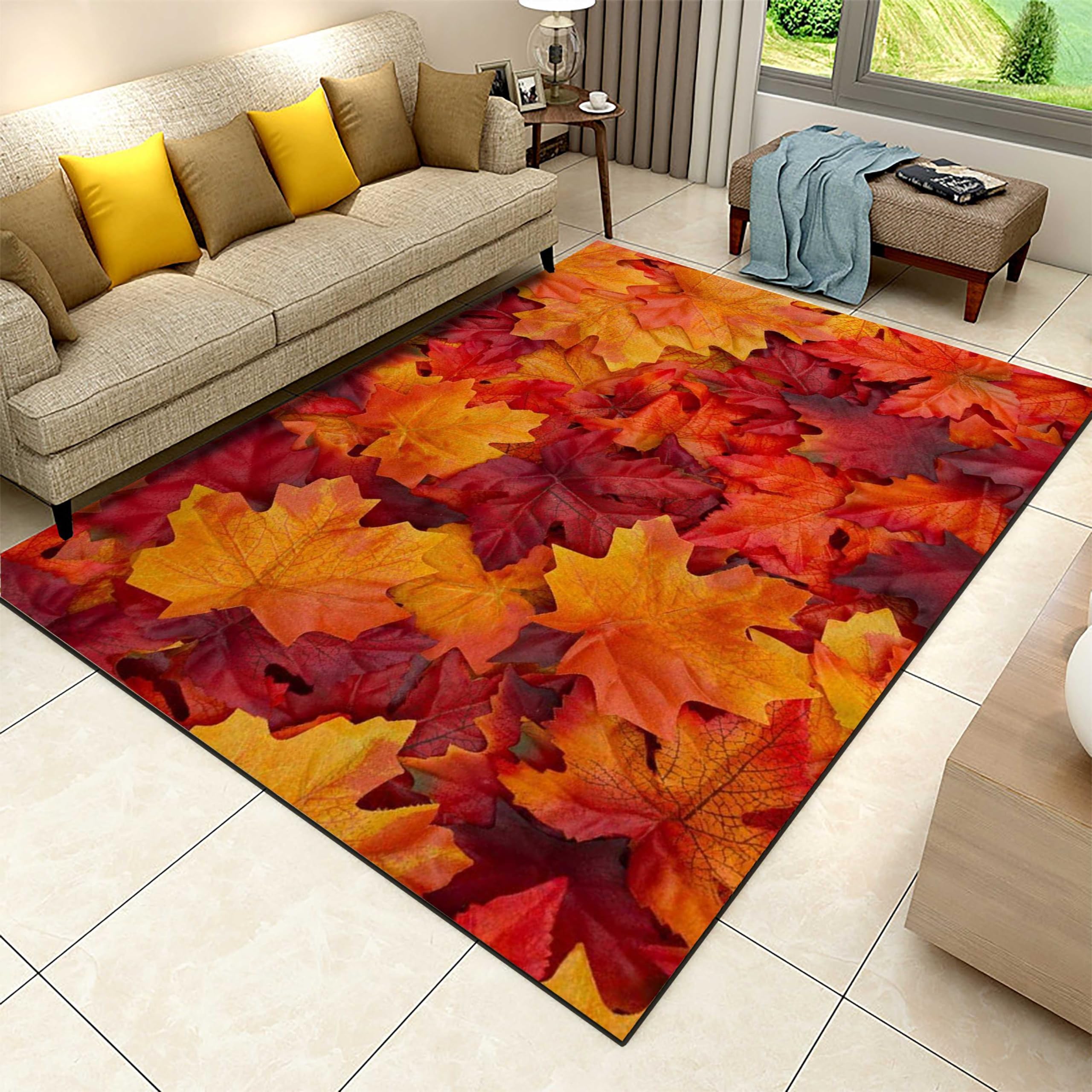 ZAPOXO Small Area Rugs 60 x 90cm, Hello Fall Red Maple Leaf Pattern Rugs for Living Room, Autumn Harvest Thanksgiving Library Office Rug, Fluffy Soft for Hotel Home Decor Entrance Hall Patio
