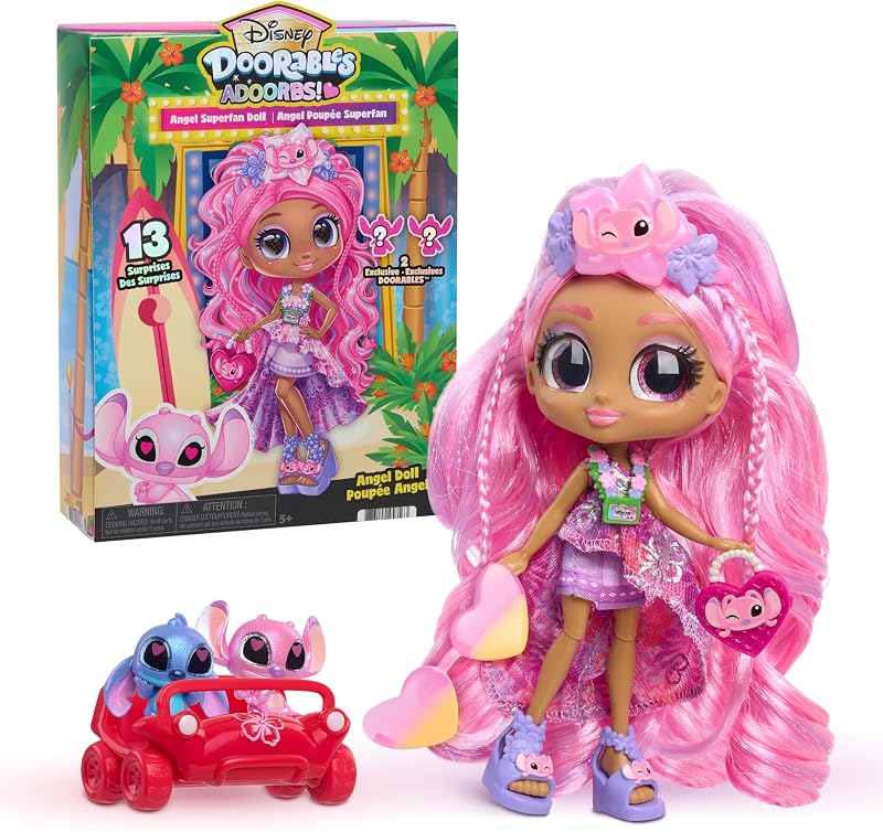 Disney Doorables ADOORBS Ángel Superfan Muñeca | Unbox 13 mini accesorios, 2 figuras exclusivas, área de juegos divertida, juguete de regalo para coleccionistas, fanáticos, preadolescentes, niñas y niños 5+