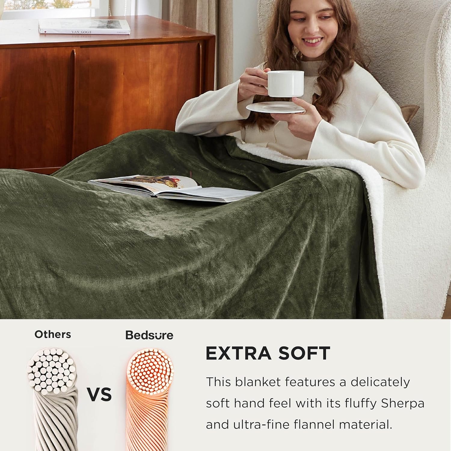 Bedsure GentleSoft Sherpa Fleece Cal King Blankets for Bed, Non-Heated, Thick and Warm Oversized Throw for Women and Men, Soft Fuzzy Plush Large Blanket for Winter, Olive Green, 112x98 Inches - Image 4