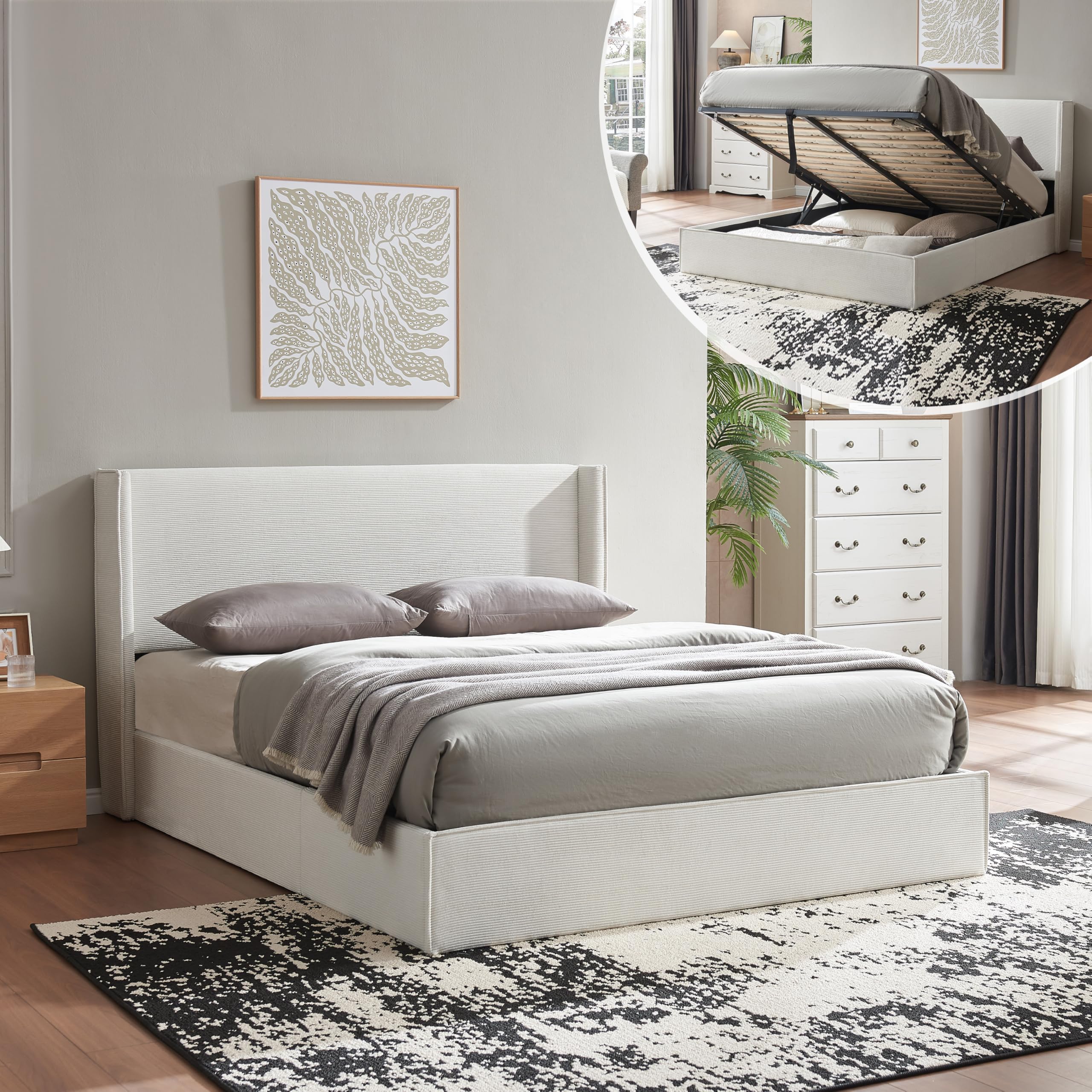 Queen Lift Up Storage Bed, Bed Frame with Storage, Modern Corduroy Upholstered Platform Bed with Wingback Headboard, Hydraulic Support, Wooden Slats, No Box Spring Needed, Easy Assembly, Cream (Incomplete box 1/2)