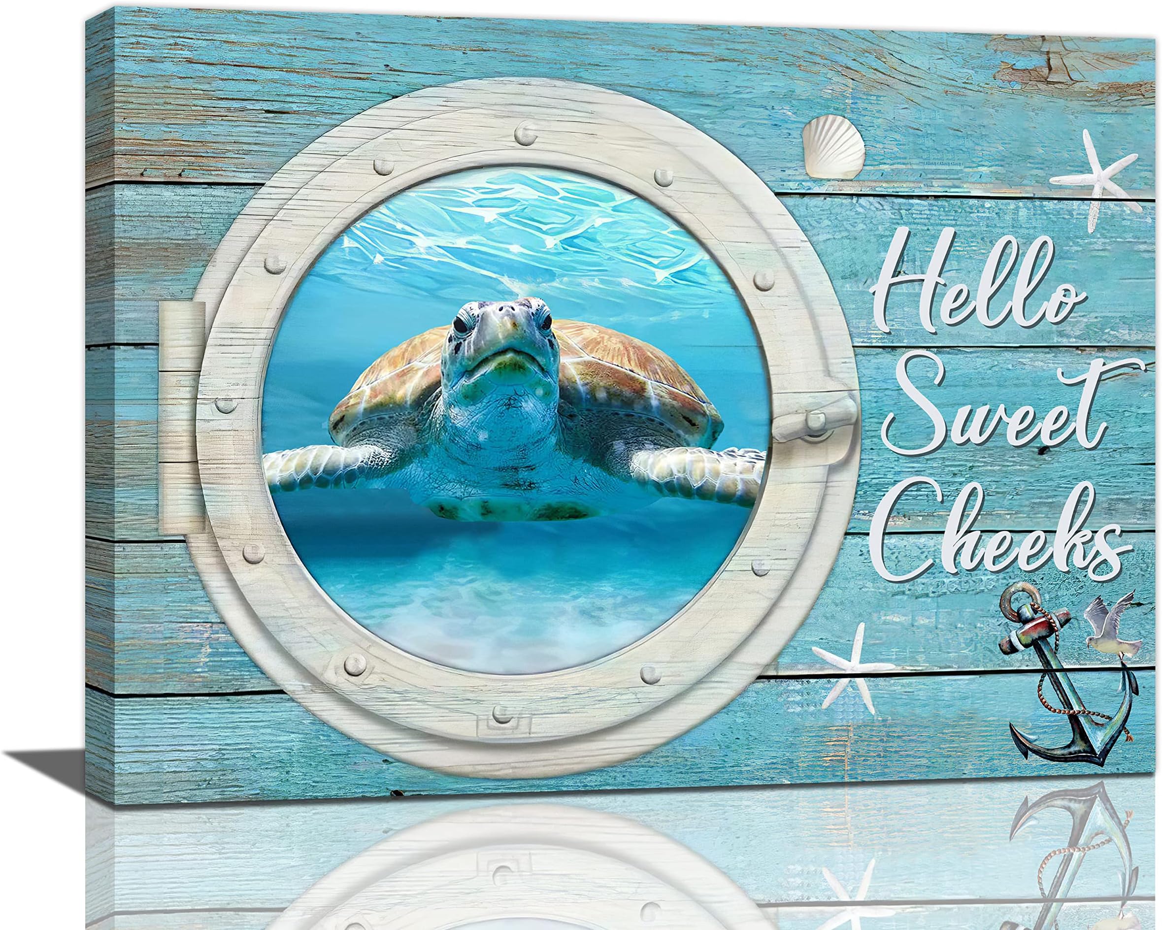 Sea Turtle Bathroom Wall Art Teal Sea Turtle Anchor Pictures Wall Decor Nautical Bathroom Decor Canvas Painting Print Artwork Coastal Beach Ocean Themed Farmhouse Home Decor Framed for Bedroom16 x12