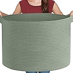MEGASKET Extra Large Green Basket, 22 X 22 X 14 Woven Cotton Rope Baskets for Blankets, Nursery Wicker Laundry Basket, Kids Toy Storage Bin, Green Living Room Office Decor Baskets for Organizing