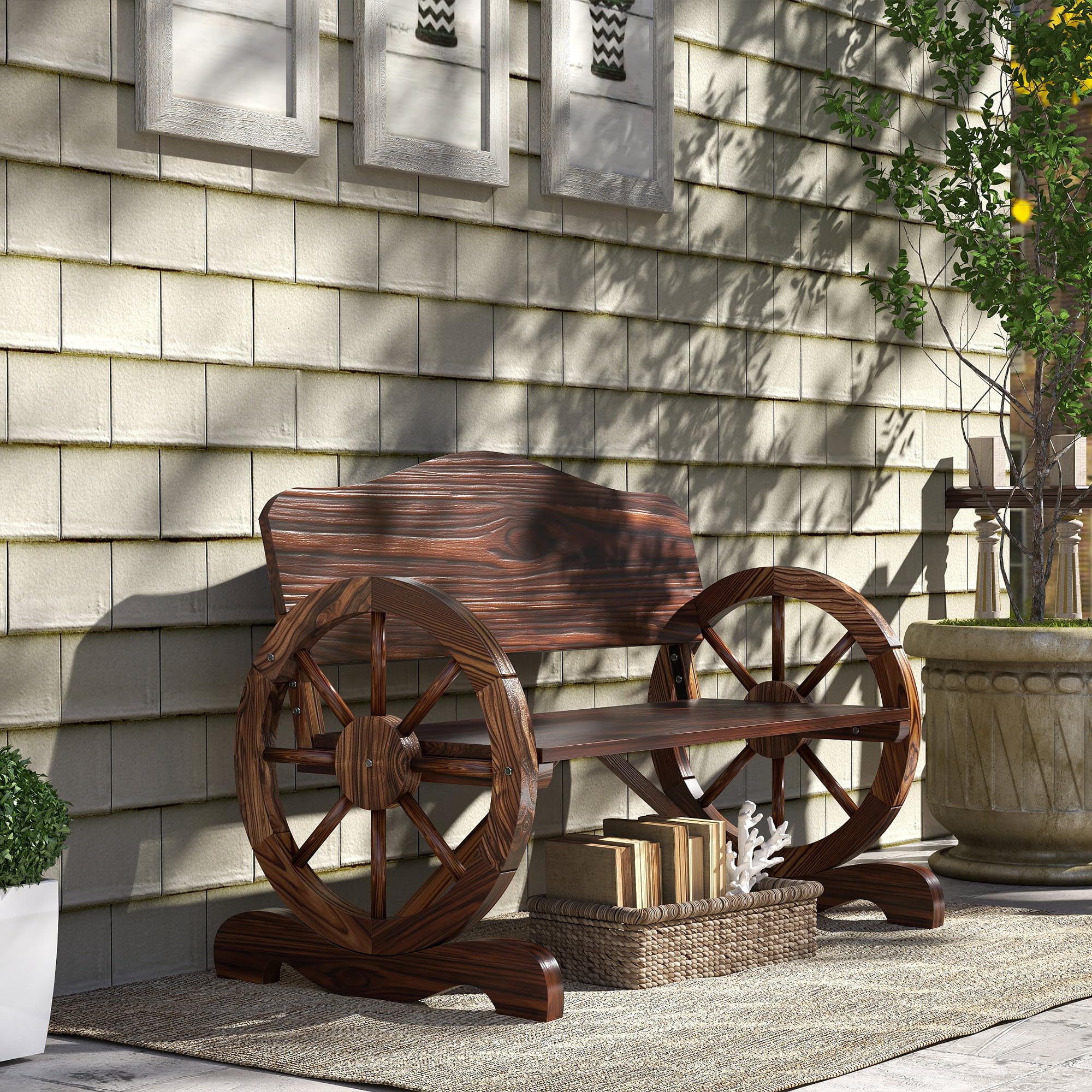 Outsunny Gartenbank Holz, 2-Sitzer Sitzbank mit Rücken- und Armlehnen, Holzbank im Rädernform, wetterfest Parkbank 240kg belastbar, Balkonbank für Balkon Terrasse, Garten, 110 x 55 x 80 cm, Verkohlt