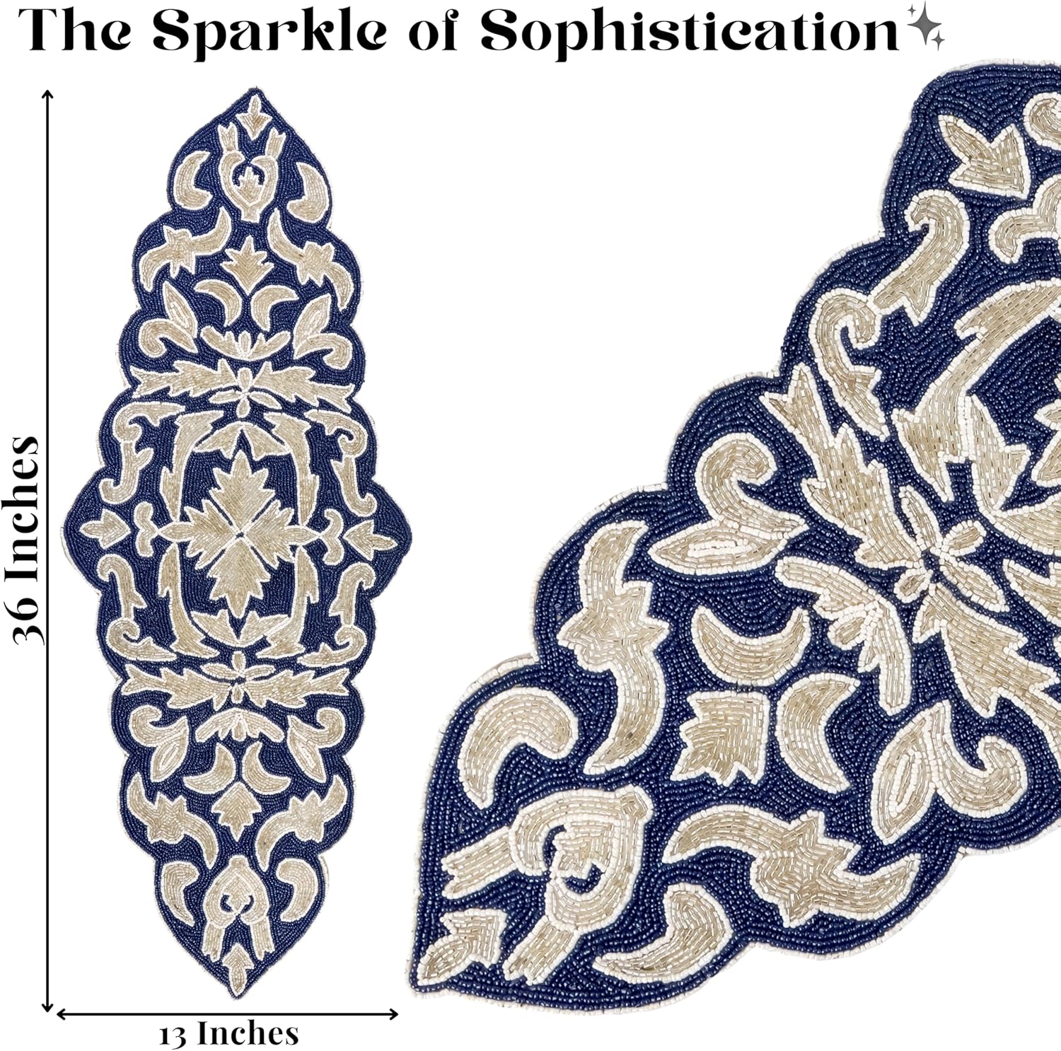 CLEENTABLE Decorative Beaded Table Runner – Glass Beads & Polyester Luxury Table Runner for Dining Table, Wedding & Holiday Centerpiece Décor, 36 Inches Length x 13 Inches Width (Blue & Silver)