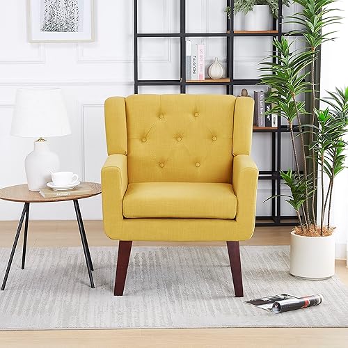 Miniatura 5 de Silla decorativa tapizada con botones, cómoda silla de lectura, silla moderna de mediados de siglo con tela de lino, sillones para sala de estar y