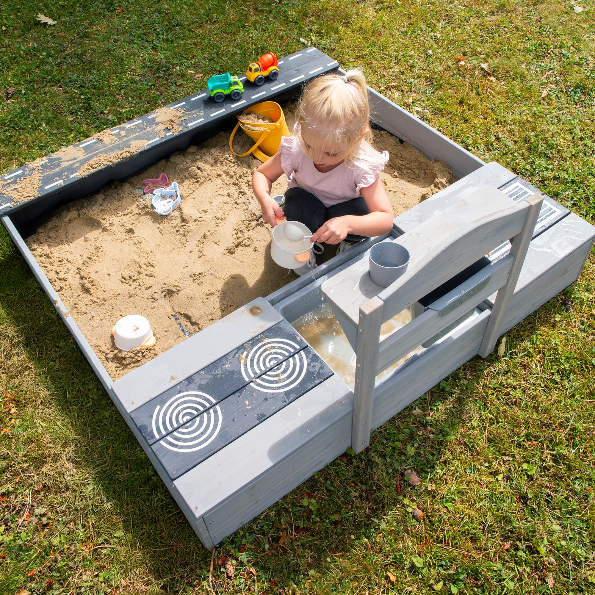 roba Sabbiera per Bambini - Certificata FSC con Cucina da Esterno - Resistente alle Intemperie - dai 12 Mesi - per Giardino, Terrazza, Balcone - Legno Massiccio - Grigio Smaltato