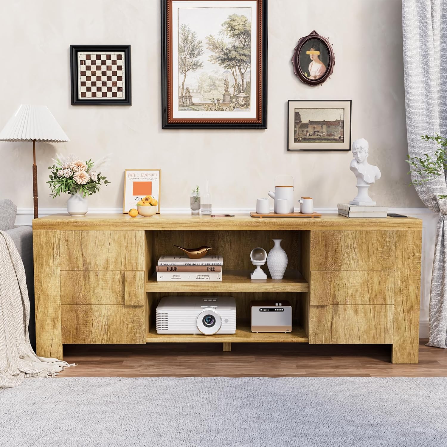 70 Inch Farmhouse TV Stand with Power Outlets and USB Ports, Rustic Entertainment Center for Living Room, Wood TV Console with Storage Cabinets & Open Shelves, Fits TVs Up to 80-Inch