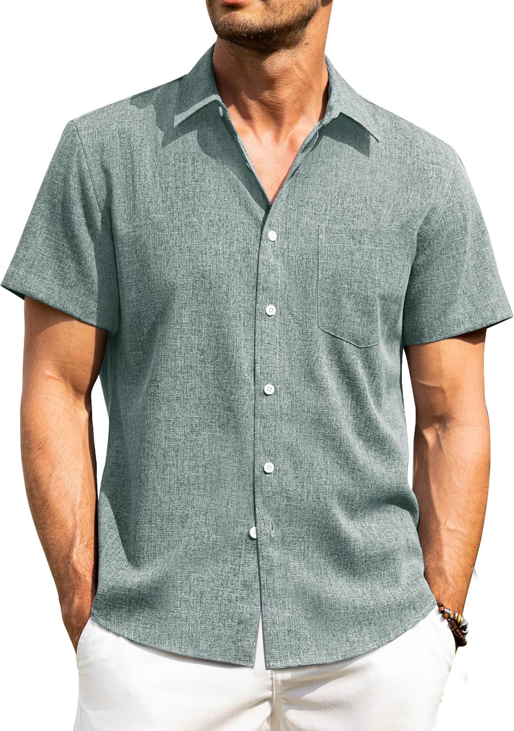 Alimens & Gentle Mens Linen Shirts Short Sleeve Button Down Shirts Wrinkle Free Casual Vacation Beach Summer Tops