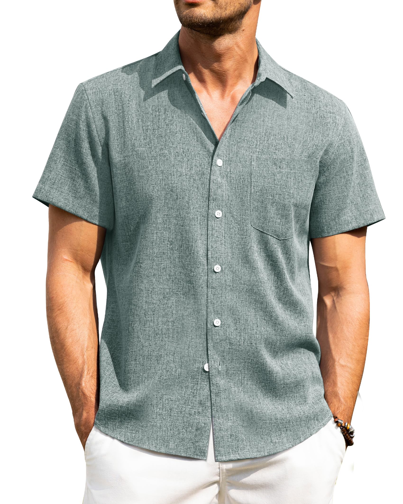 Alimens & Gentle Mens Linen Shirts Short Sleeve Button Down Shirts Wrinkle Free Casual Vacation Beach Summer Tops