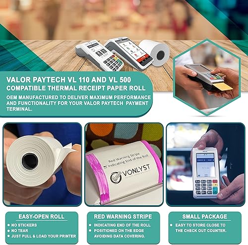 Miniatura 2 de Vonlyst Rollo de papel de recibo para máquina de tarjetas de crédito Valor Paytech VL 110 y VL 500 (20 rollos)