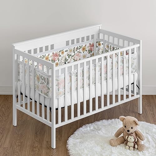 Miniatura 2 de Sweet Jojo Designs + BreathableBaby Juego de 2 piezas de forro de malla transpirable para cuna (rosaamarillo vintage floral boho) para niñas, bebés,