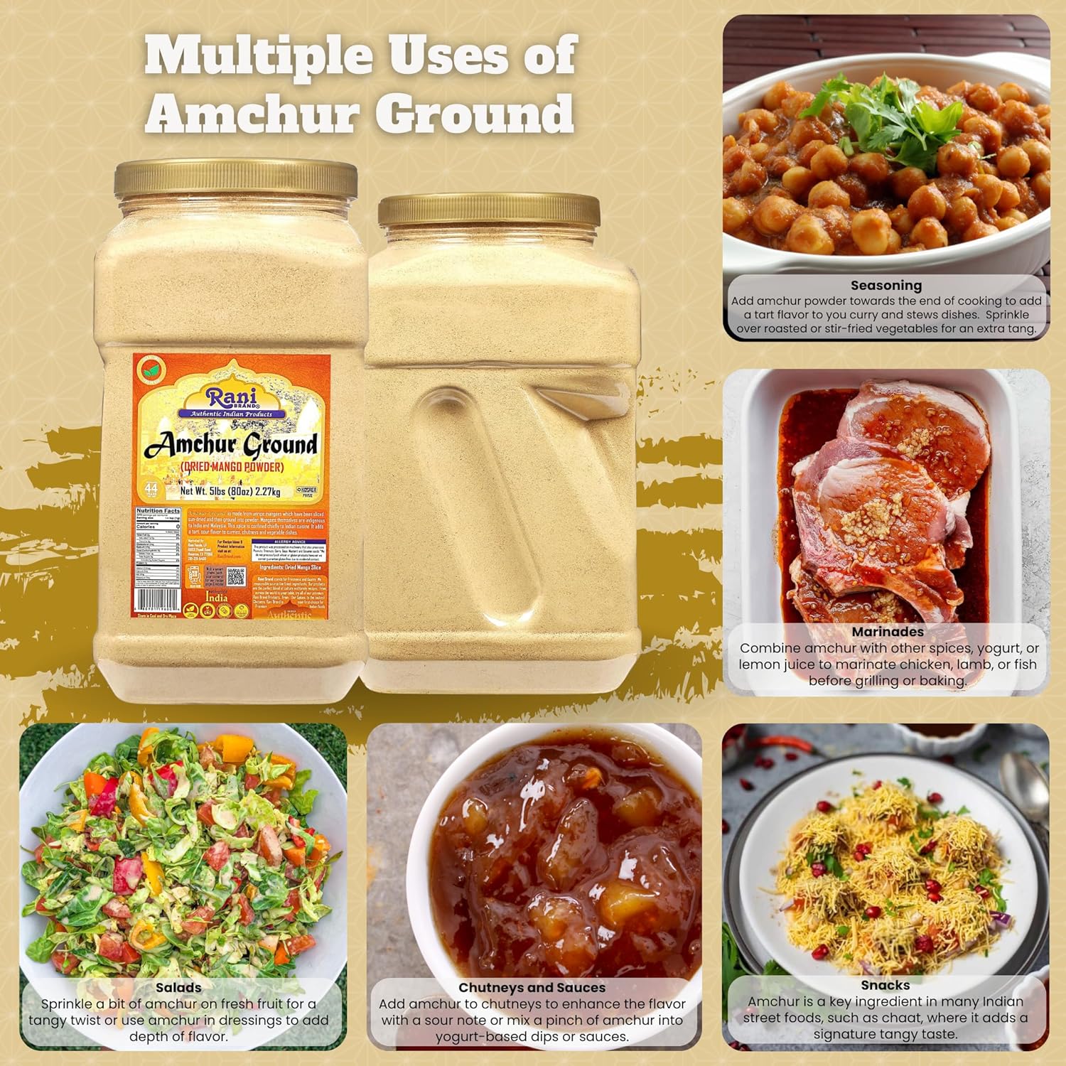 Rani Amchur (Mango) Ground Powder Spice 80oz (5lbs) 2.27kg Bulk PET Jar ~ All Natural, Indian Origin | No Color | Gluten Friendly | Vegan | NON-GMO | Kosher | No Salt or fillers