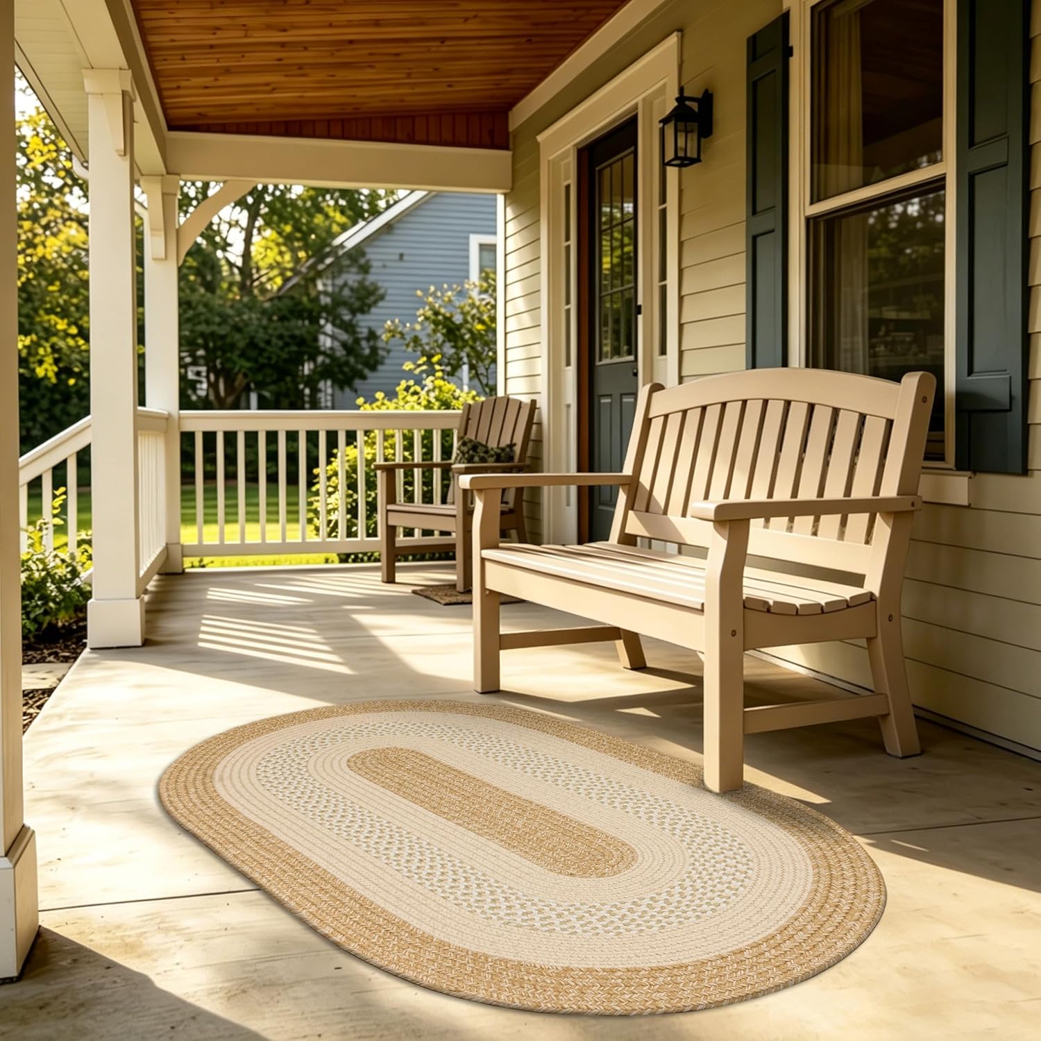 RCTJHOME 3x5 Oval Braided Area Rug, All-Season Farmhouse Rug for Living Room, Dining Room & Kitchen, Door Mat with Anti-Slip Pads for High Traffic Areas, Rope Rug Without Rubber, Beige with Golden