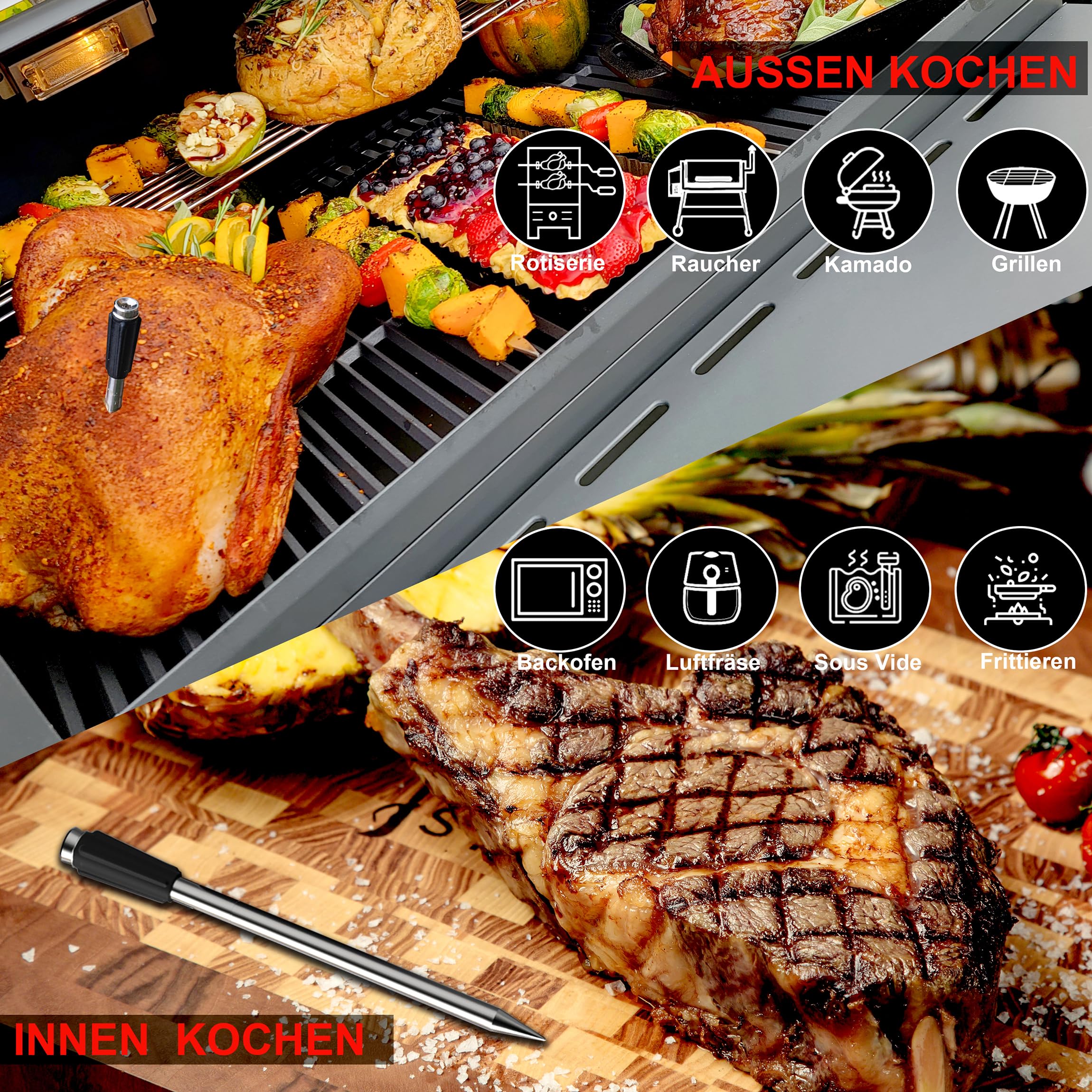 Termometro per barbecue senza fili, con due sonde più sottili, APP Bluetooth, 100 m, termometro per arrosti, per forno, barbecue, rotisserie Airfryer (Two Probes)