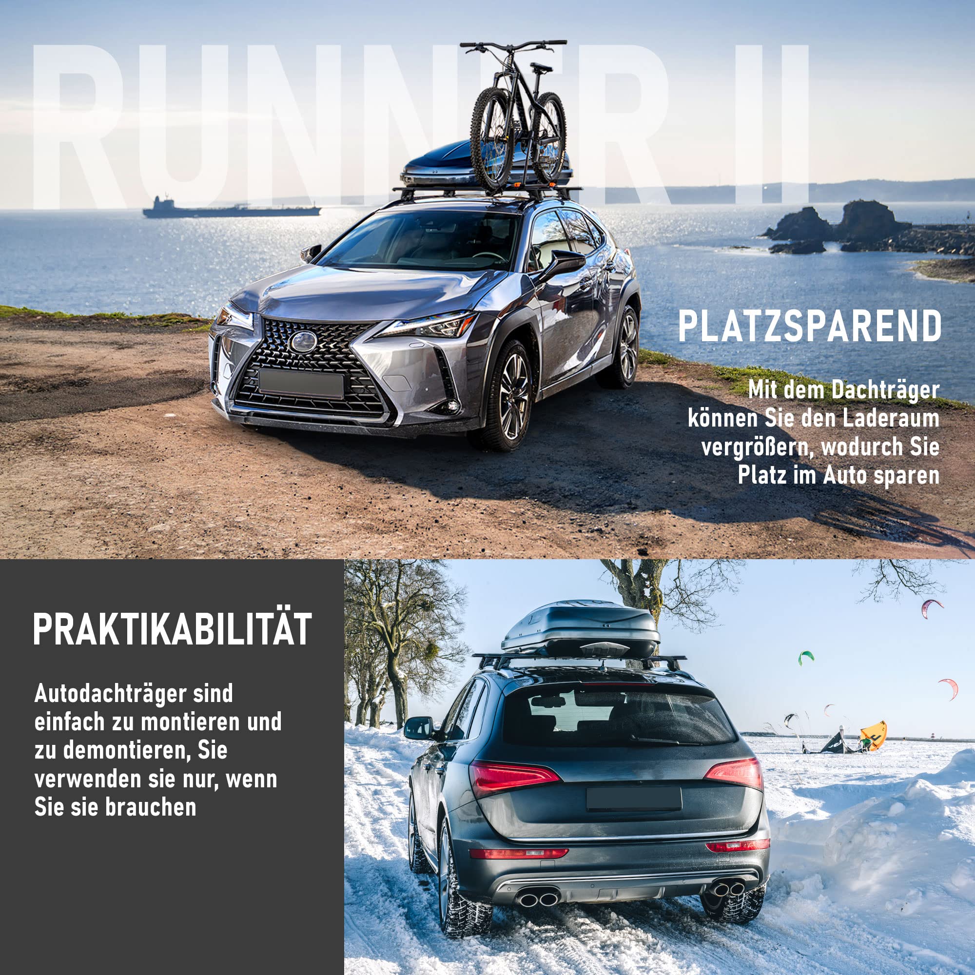 AGURI Runner II | Kompatibel mit Volvo XC60 II 2017+ | Dachgepäckträger Dachträger | Geeignet zur Befestigung von Dachboxen, Fahrradträger, Leiter | Robuste Konstruktion aus Alu | TÜV