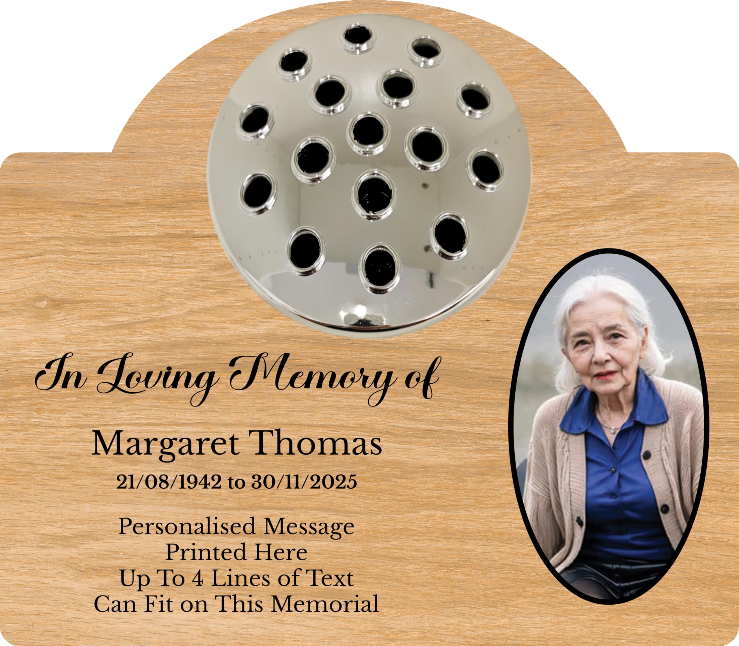 1stclassgifts Personalised Metal Grave Stone Marker Headstone Memorial Plaque, In Memory Sign Remembrance Your Photo Grave Vase Flower Holder (UV PRINTED) (Light Wood, Silver Lid)