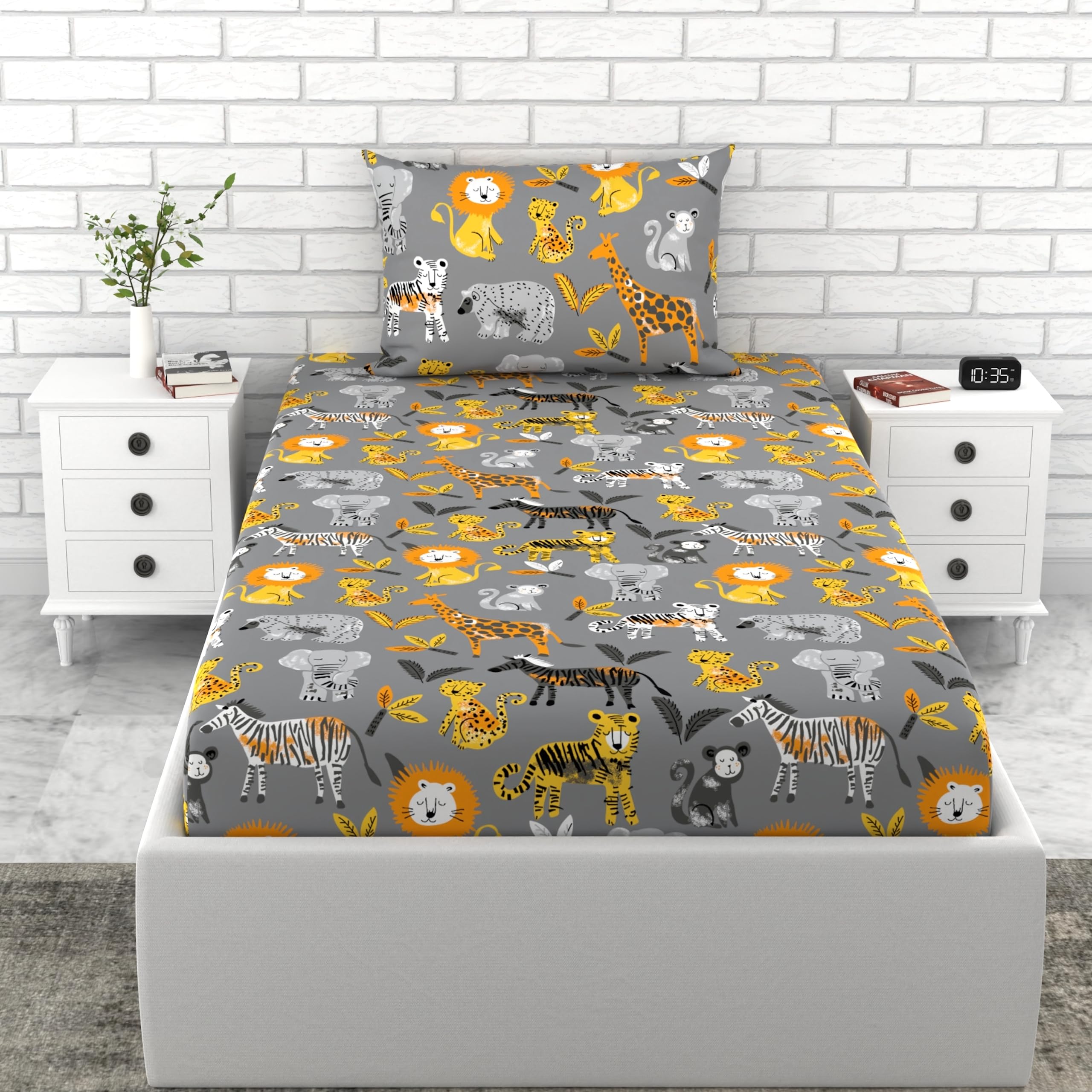 LORETO – A QUALITY LINEN BRAND180 TC Cotton Single Bedsheet with 1 Pillow Cover - Multi Colour, Kids