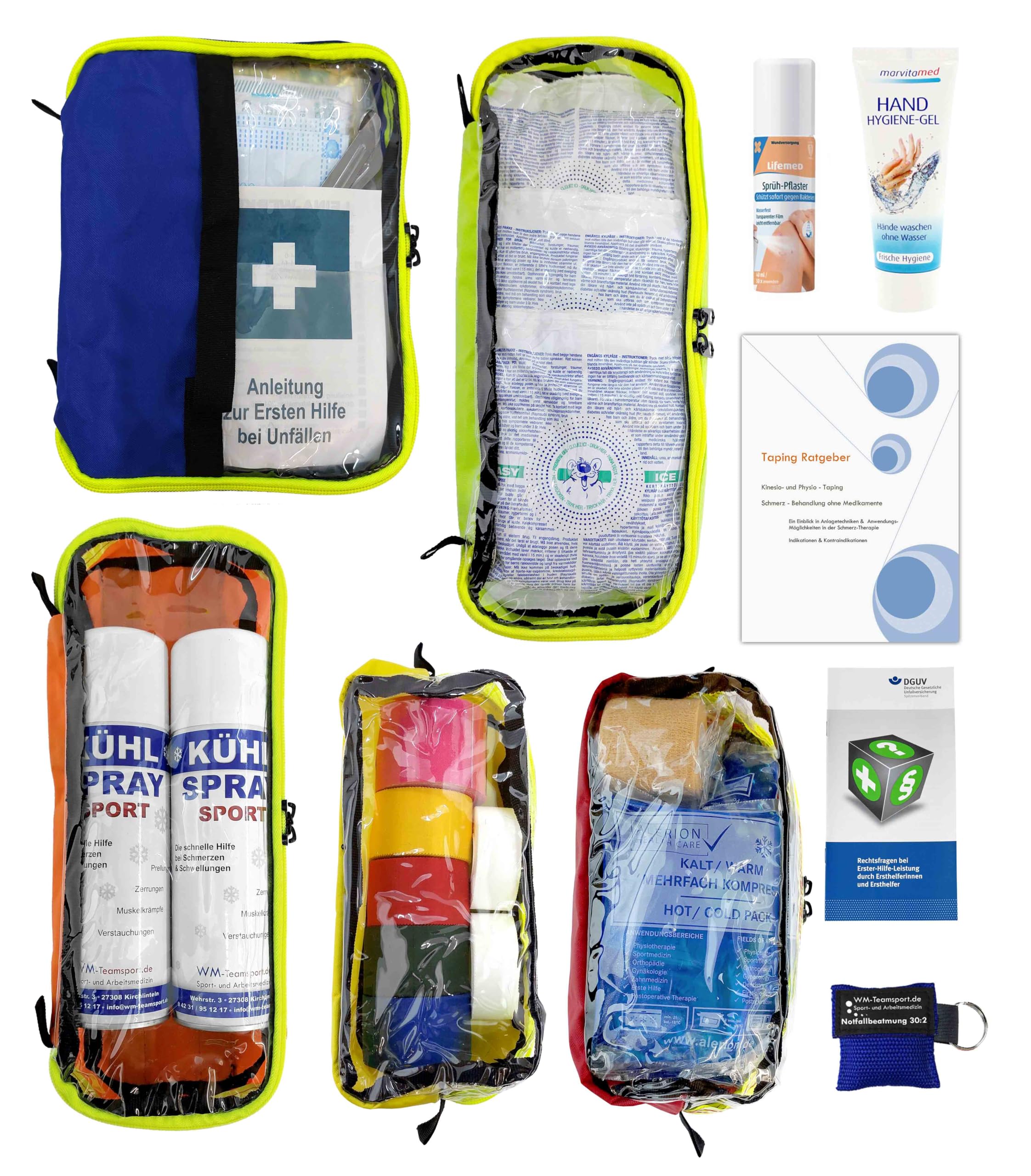 Sport-Betreuer-Set PRO - für Sport-Verletzungen + Physio in 5 Modultaschen | Füllung für Sport-Betreuer-Koffer - Erste-Hilfe- & Notfallrucksack "Sport", Trainer-Notfalltasche mit DIN-Verbandmaterial