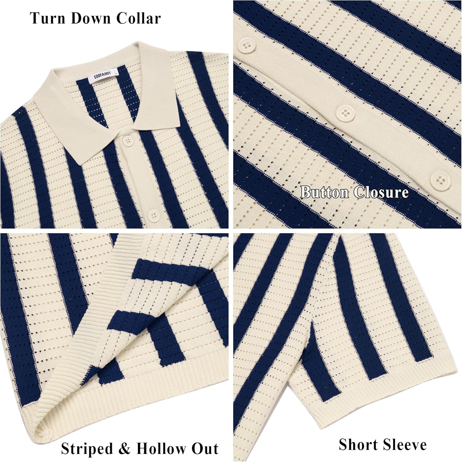 COOFANDY Men's Knit Shirts Short Sleeve Button Down Polo Shirt Striped Casual Summer Beach Shirts - Image 6