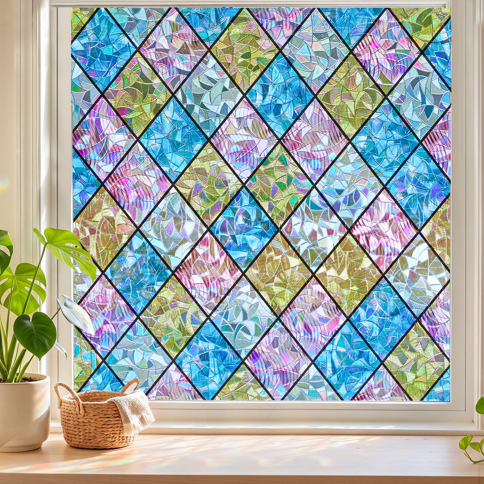 Sunbaby Stained Glass Winodw Film, Rainbow Lattice Stickers, 17.5"x118"