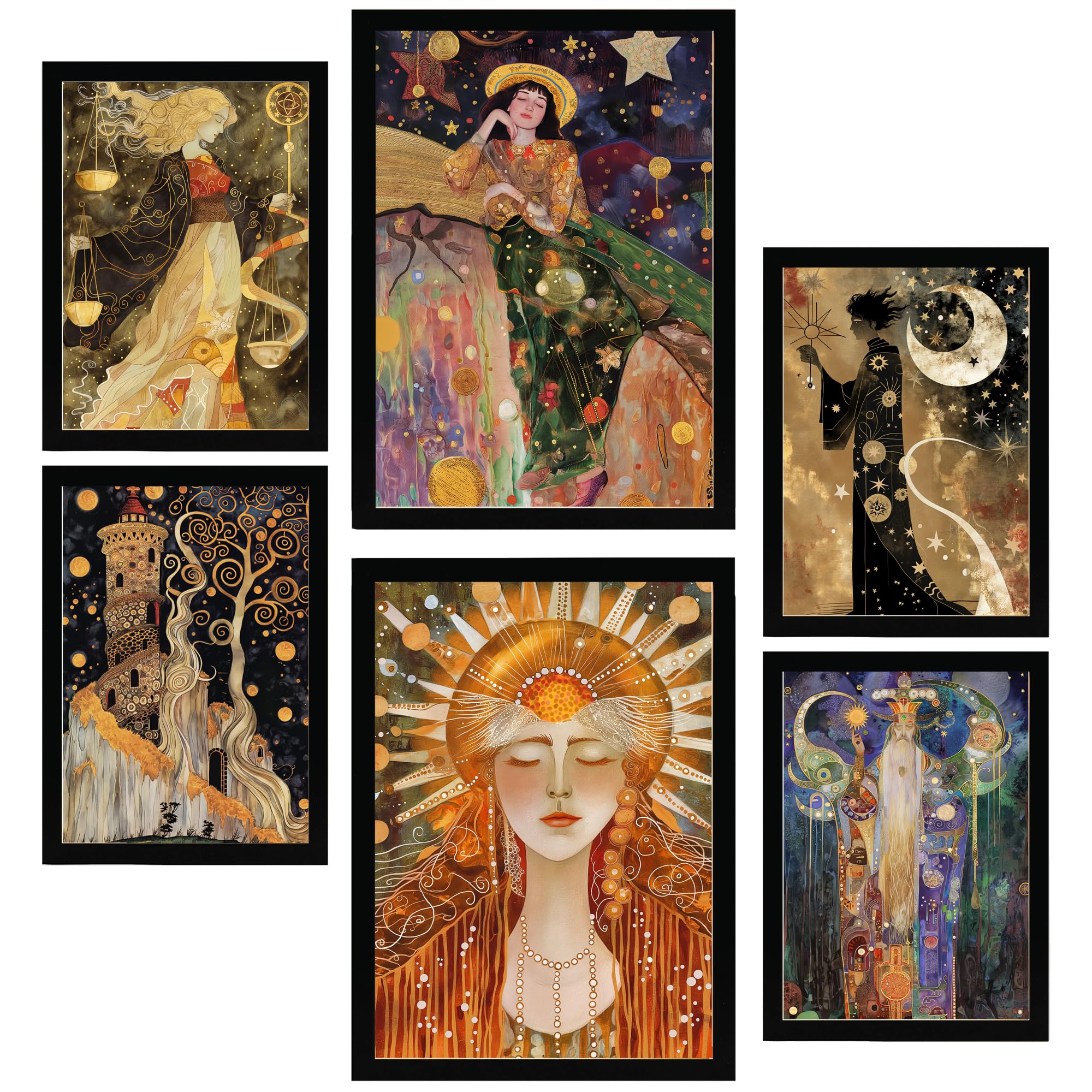 Nacnic Set of 6 Tarot Cards Arcana Cartomancy Framed prints with design illustration to decorate walls of home. Room, office, shop, business. A3 and A4 size Black Frame