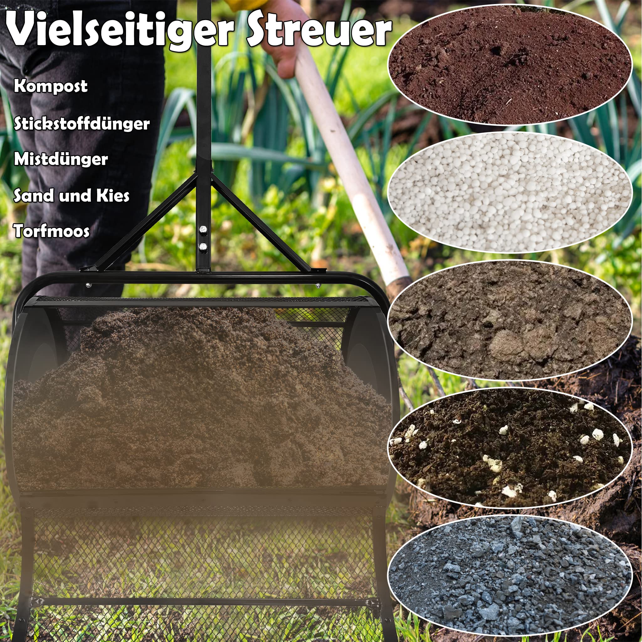 YRHome Kompoststreuer 80L Rasenstreuer Streuwagen Streumaschinen mit Metallnetzkorb und Griff Gartenstreuer Düngerstreuer Torfmoosstreuer Samenstreuer Kompost-Streuer Rasendünger für Rasen und Garten