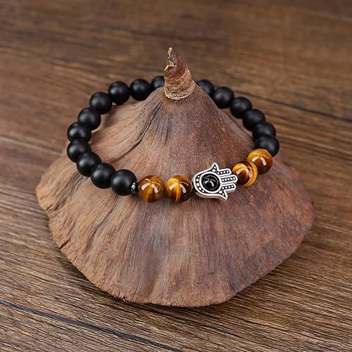 Vista 4 de Pulsera Hamsa con cuentas de piedra de tigre de ónix